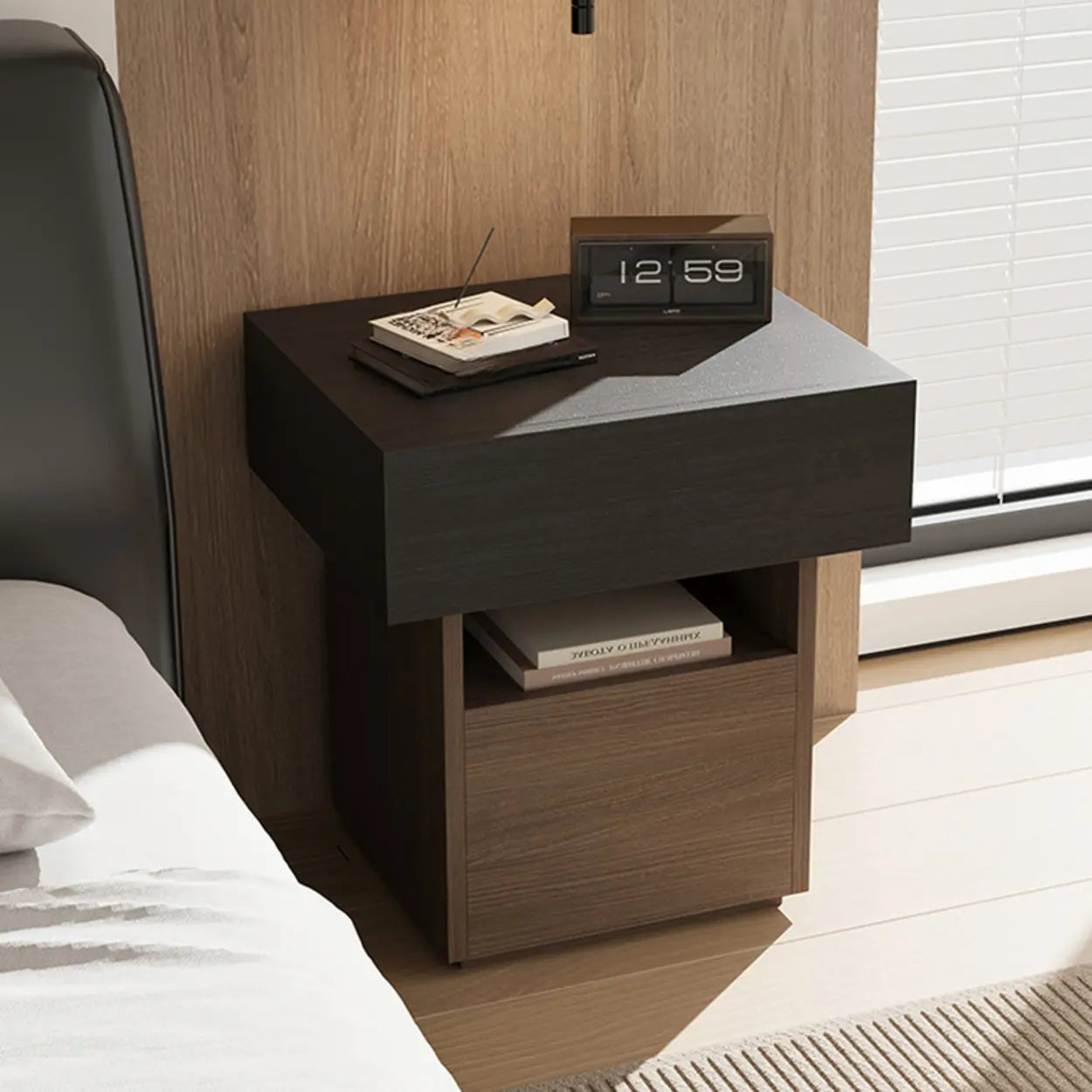 Modern Wood Nightstand with Drawer and Shelf