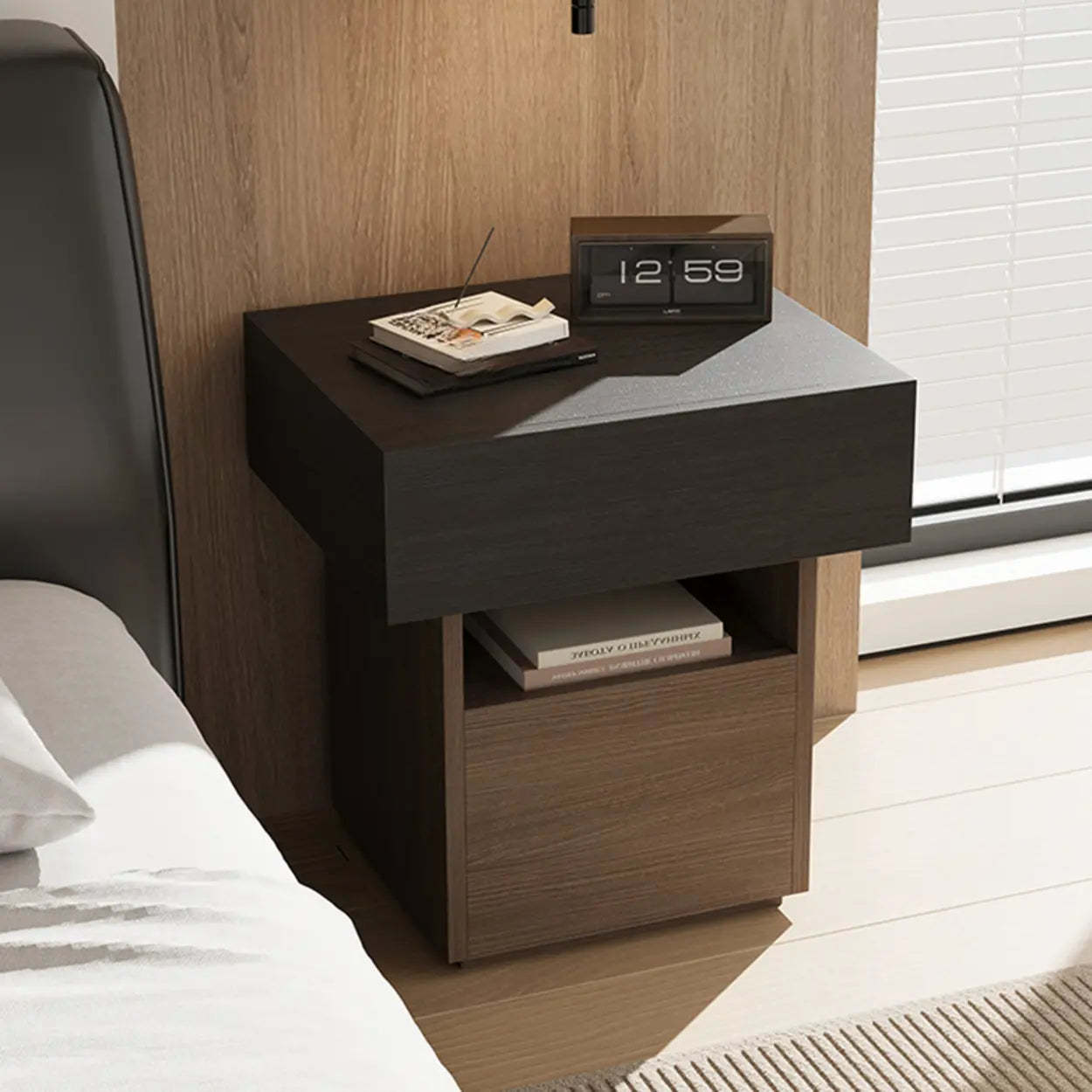 Modern Wood Nightstand with Drawer and Shelf — Black