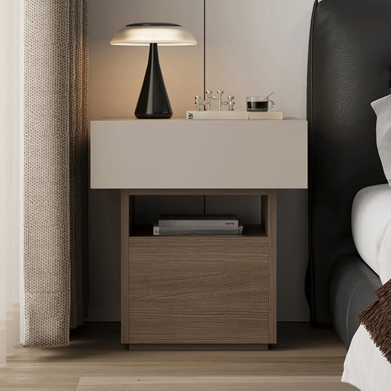 Modern Wood Nightstand with Drawer and Shelf — White-Black