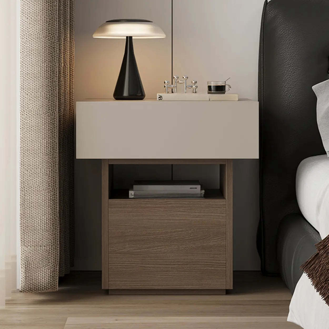 Modern Wood Nightstand with Drawer and Shelf — White-Black