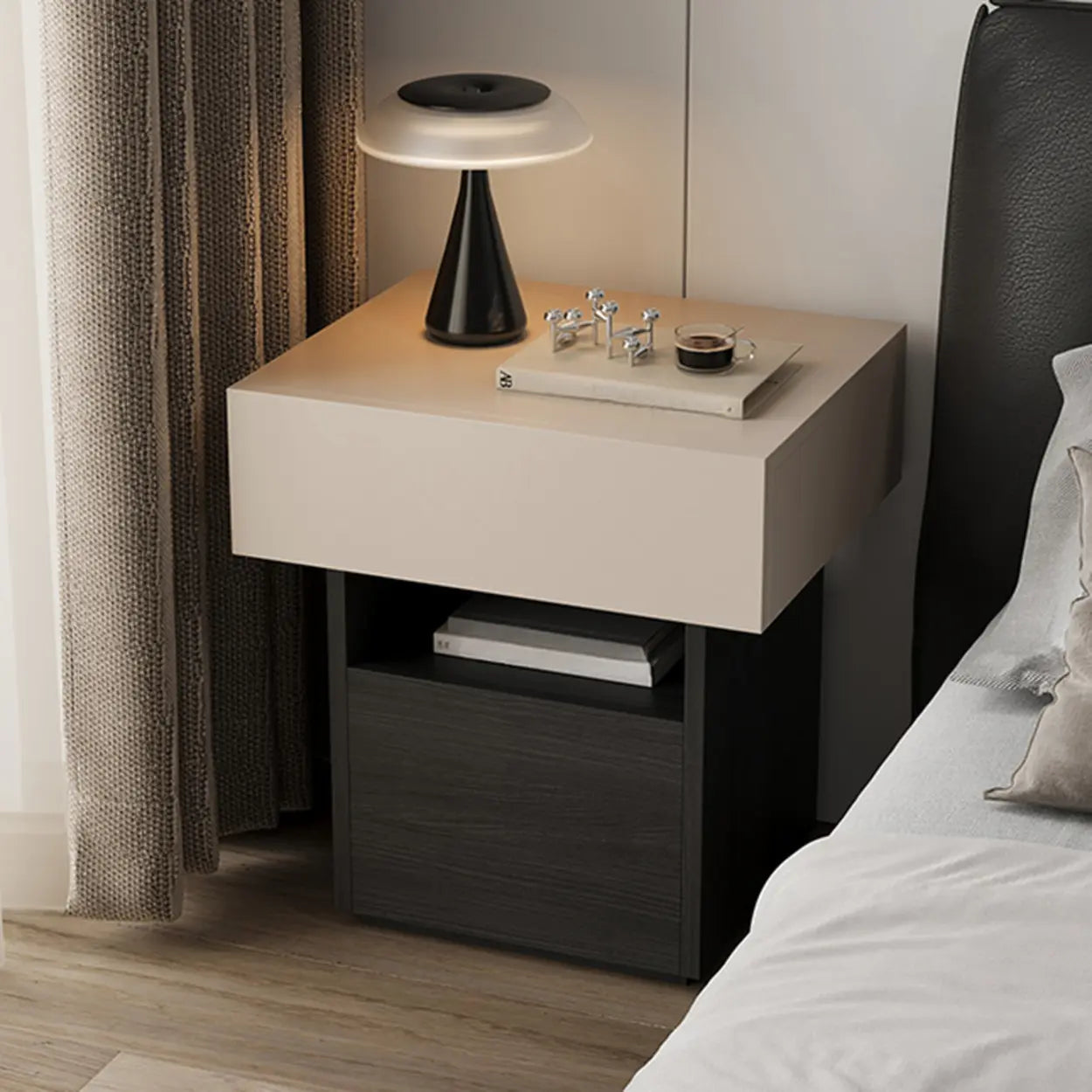 Modern Wood Nightstand with Drawer and Shelf — Walnut/ Black