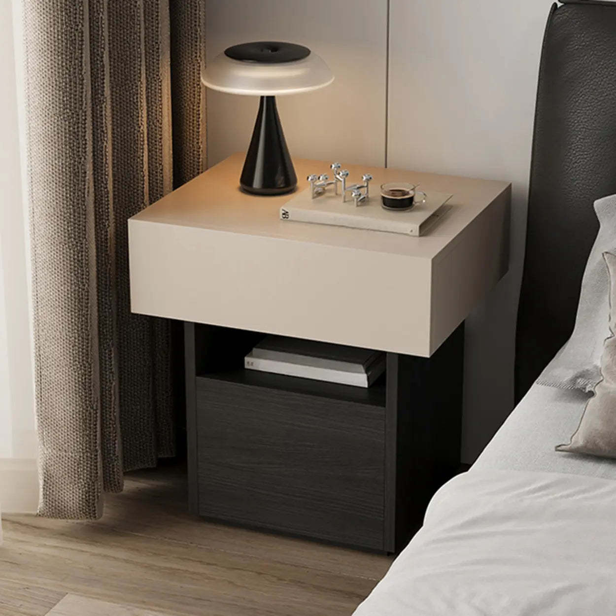 Modern Wood Nightstand with Drawer and Shelf — Walnut/ Black