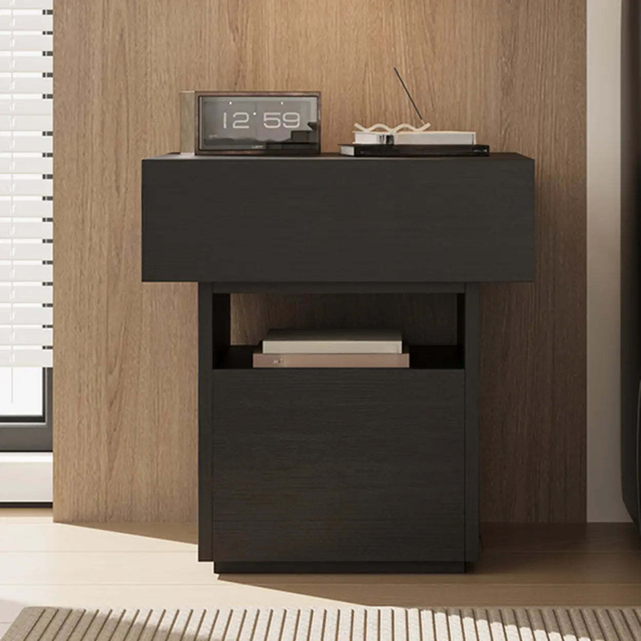 Modern Wood Nightstand with Drawer and Shelf — White/ Walnut