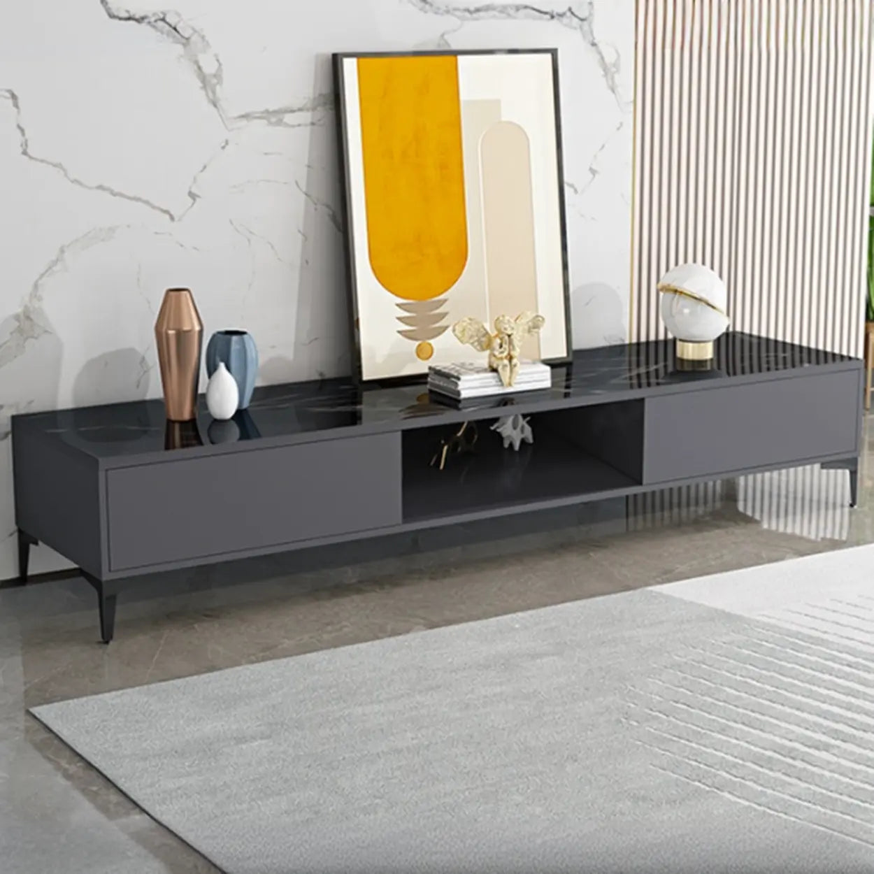 Modern Wood Rectangular Open Storage TV Stand — Black