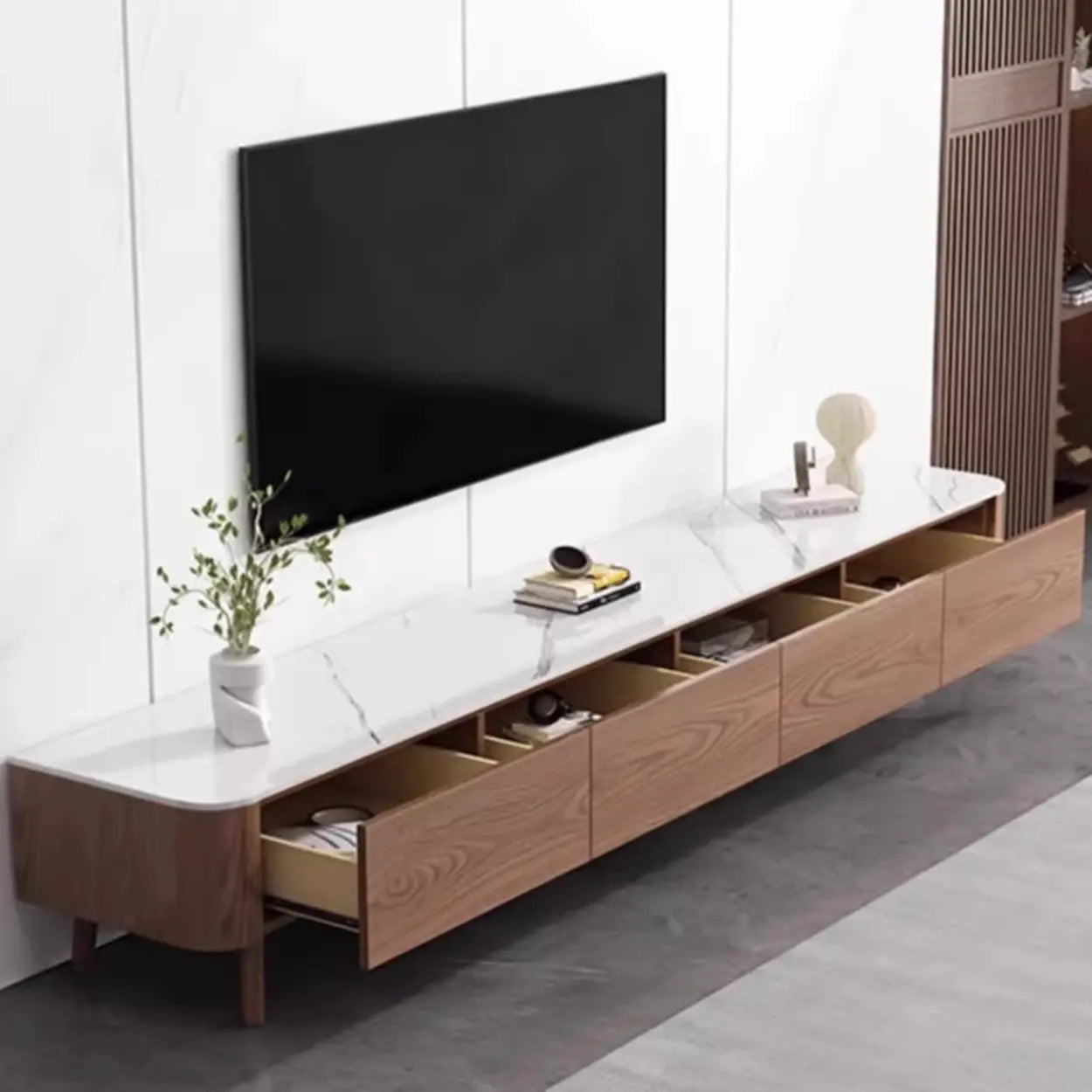 Modern Wood Marble Top TV Stand with Drawers