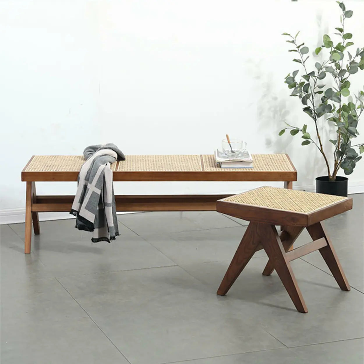 Wood Bench and Stool Set with Woven Rattan Seat