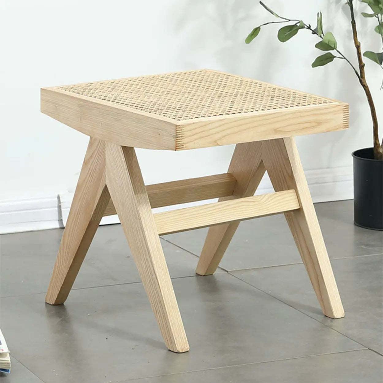 Wood Bench and Stool Set with Woven Rattan Seat
