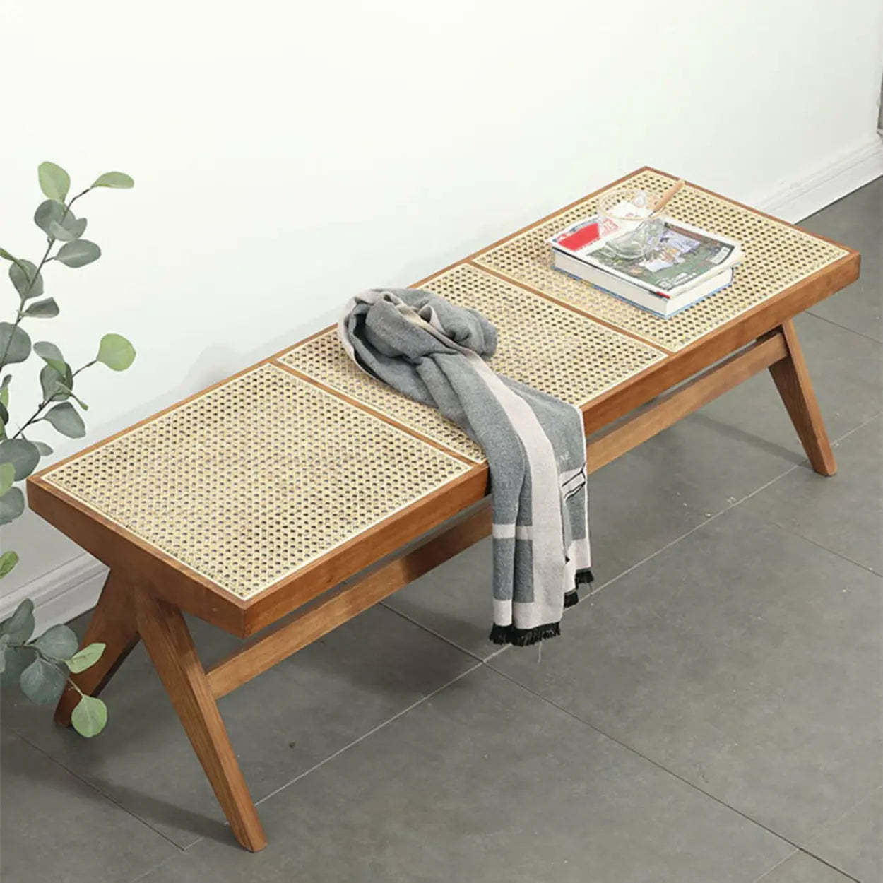 Wood Bench and Stool Set with Woven Rattan Seat