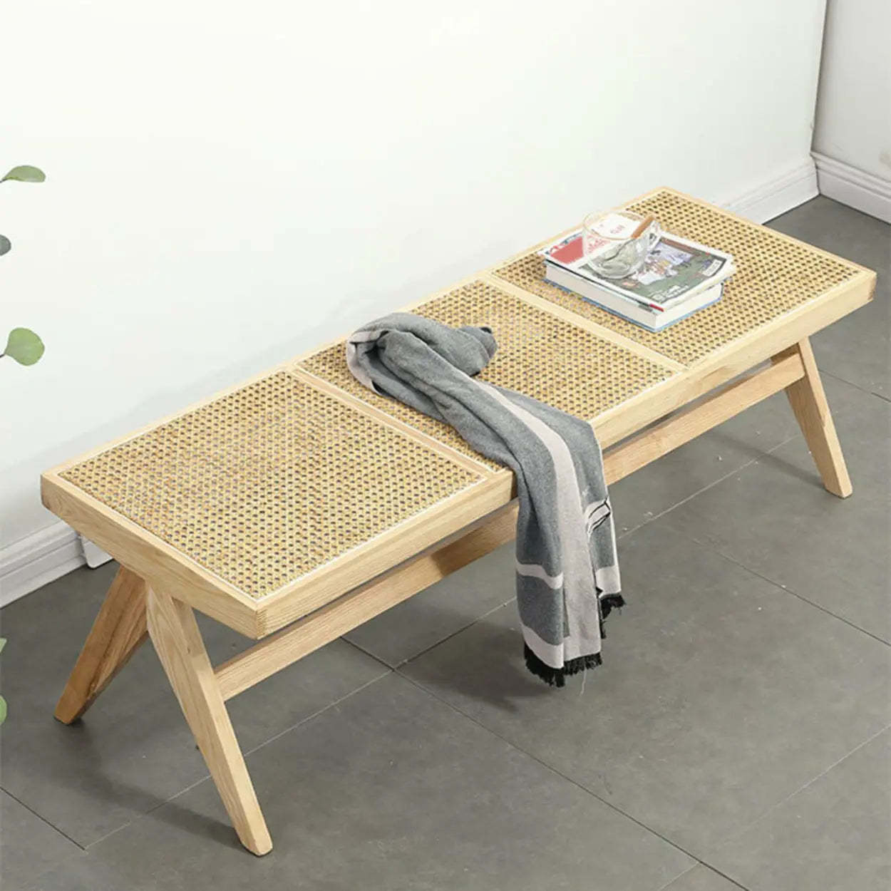 Wood Bench and Stool Set with Woven Rattan Seat