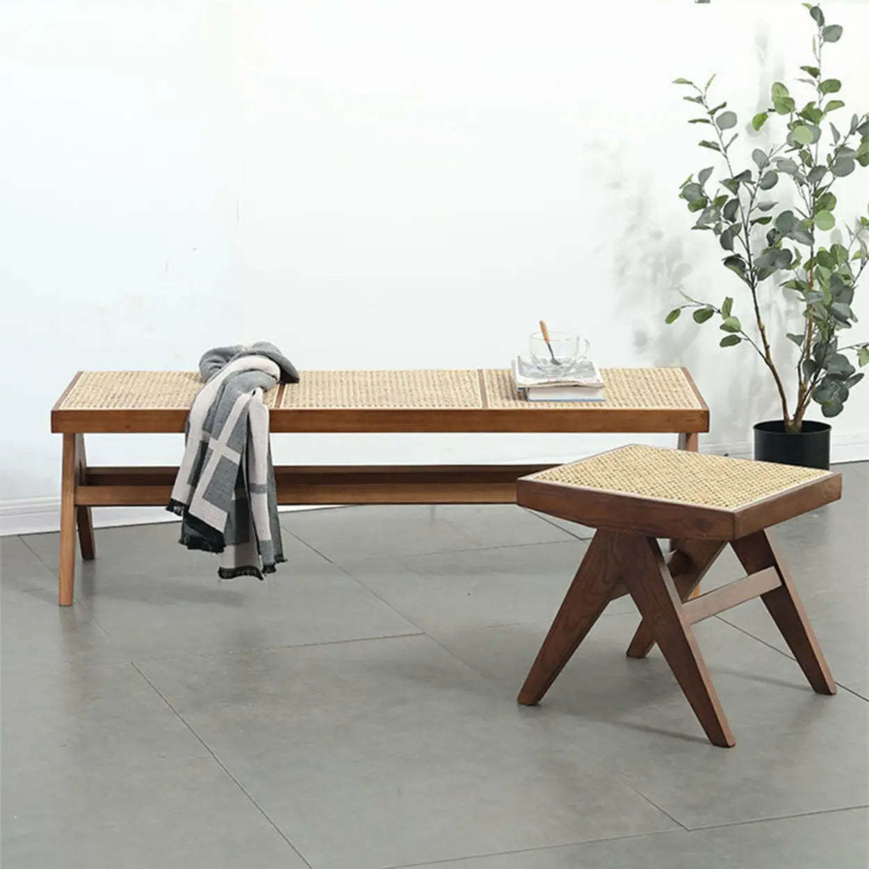 Wood Bench and Stool Set with Woven Rattan Seat — Black
