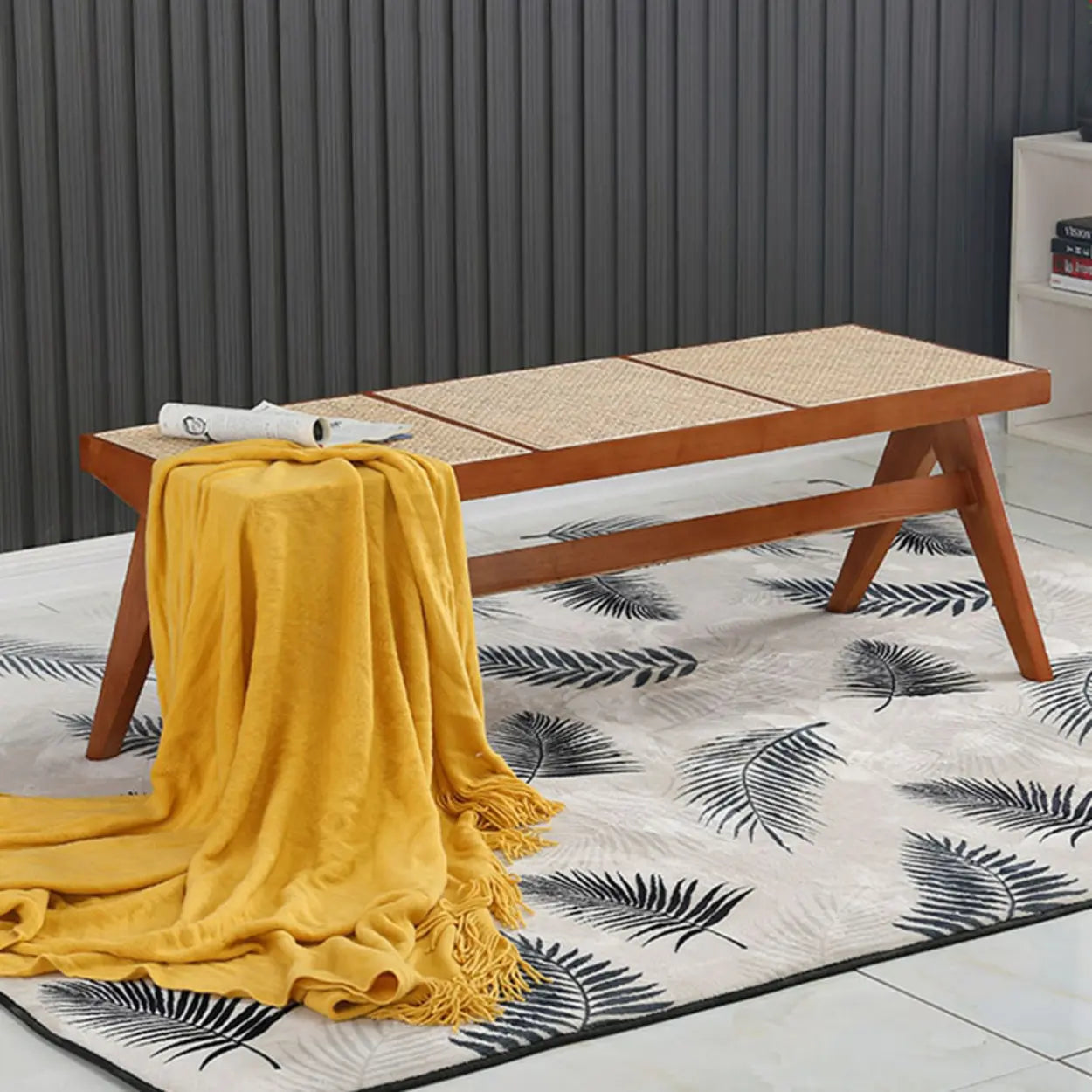 Wood Bench and Stool Set with Woven Rattan Seat — Natural Finish