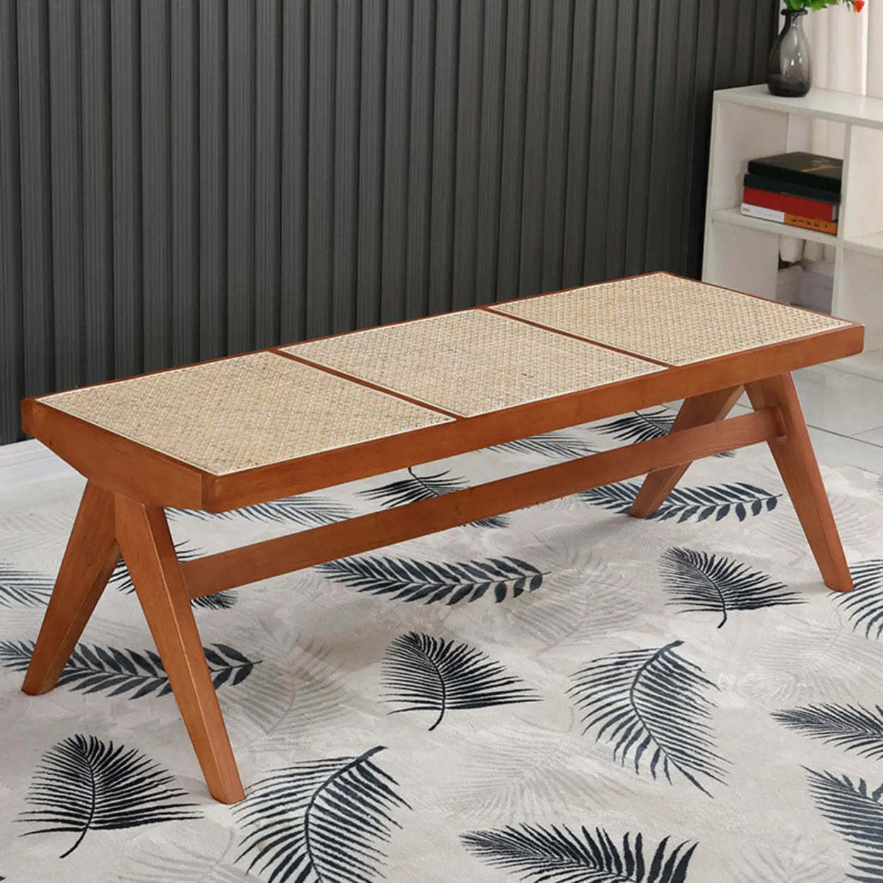 Wood Bench and Stool Set with Woven Rattan Seat — Walnut