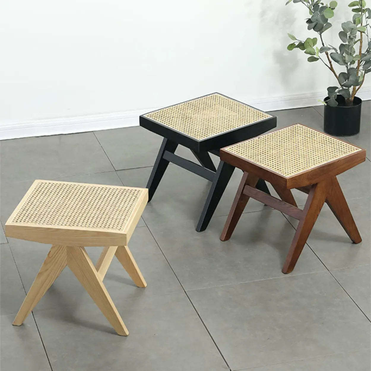 Wood Bench and Stool Set with Woven Rattan Seat — Black