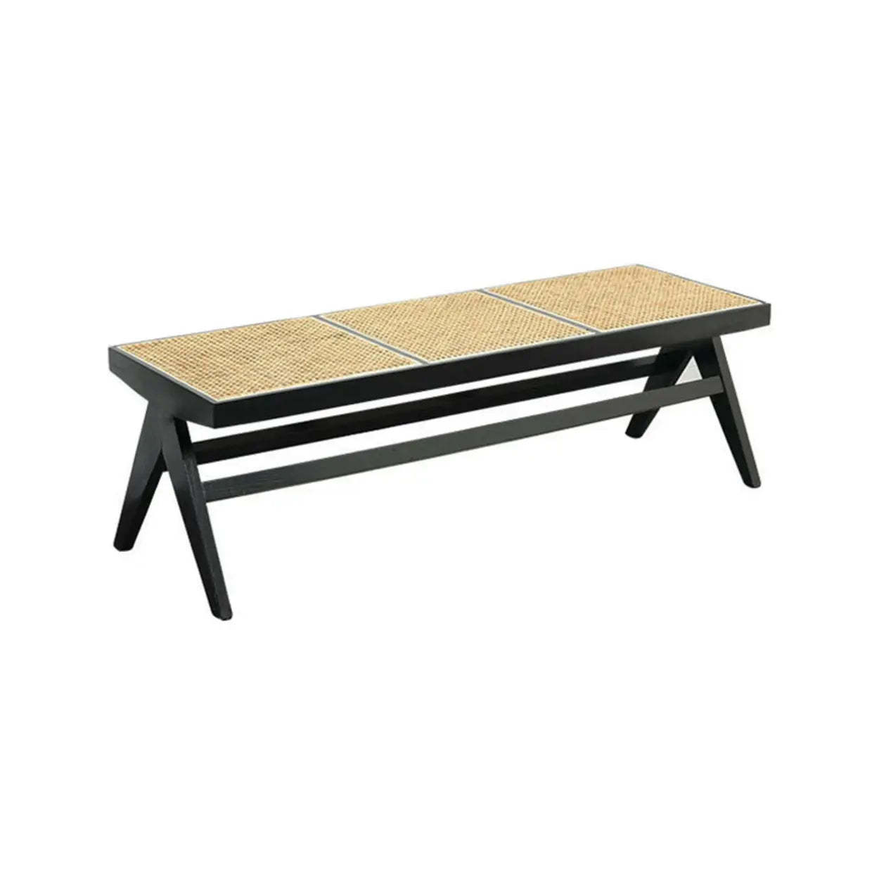 Wood Bench and Stool Set with Woven Rattan Seat — Natural Finish