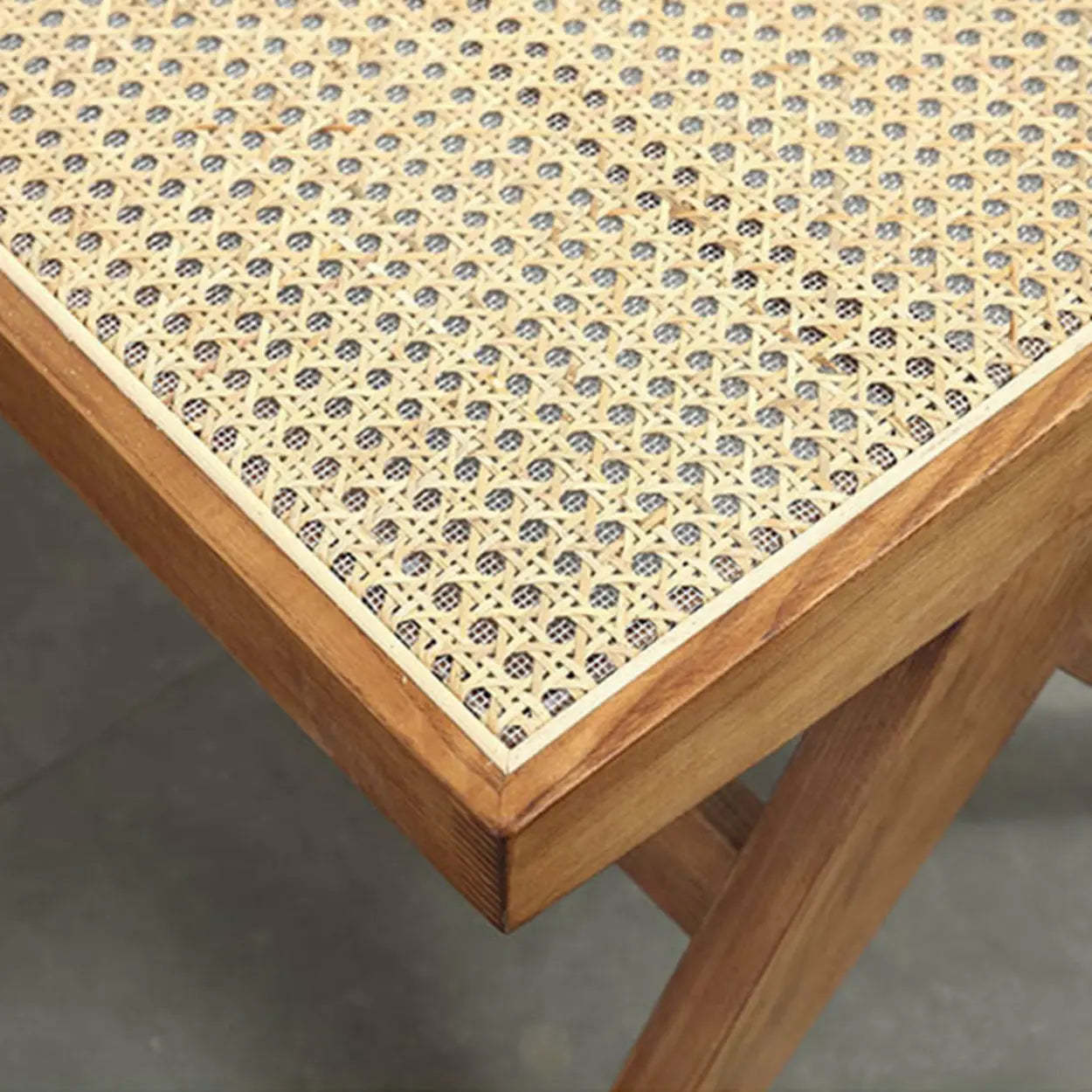 Wood Bench and Stool Set with Woven Rattan Seat — Walnut