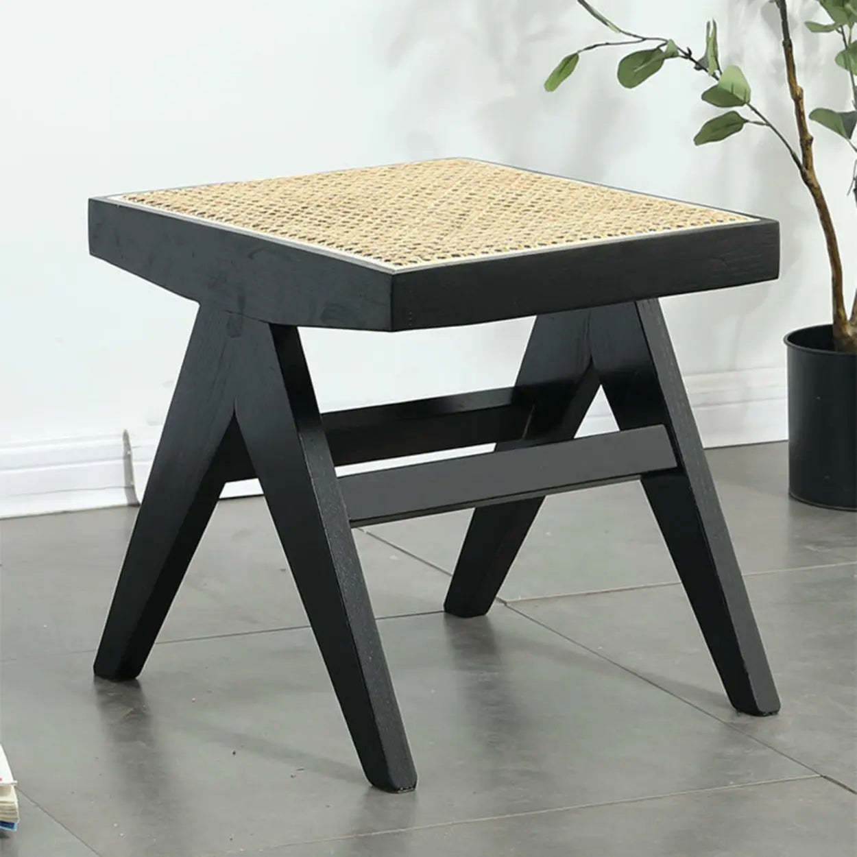 Wood Bench and Stool Set with Woven Rattan Seat