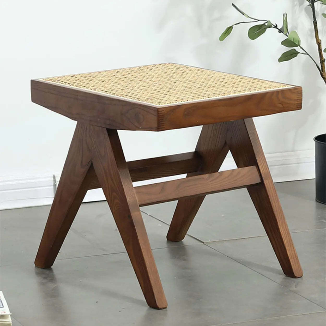 Wood Bench and Stool Set with Woven Rattan Seat