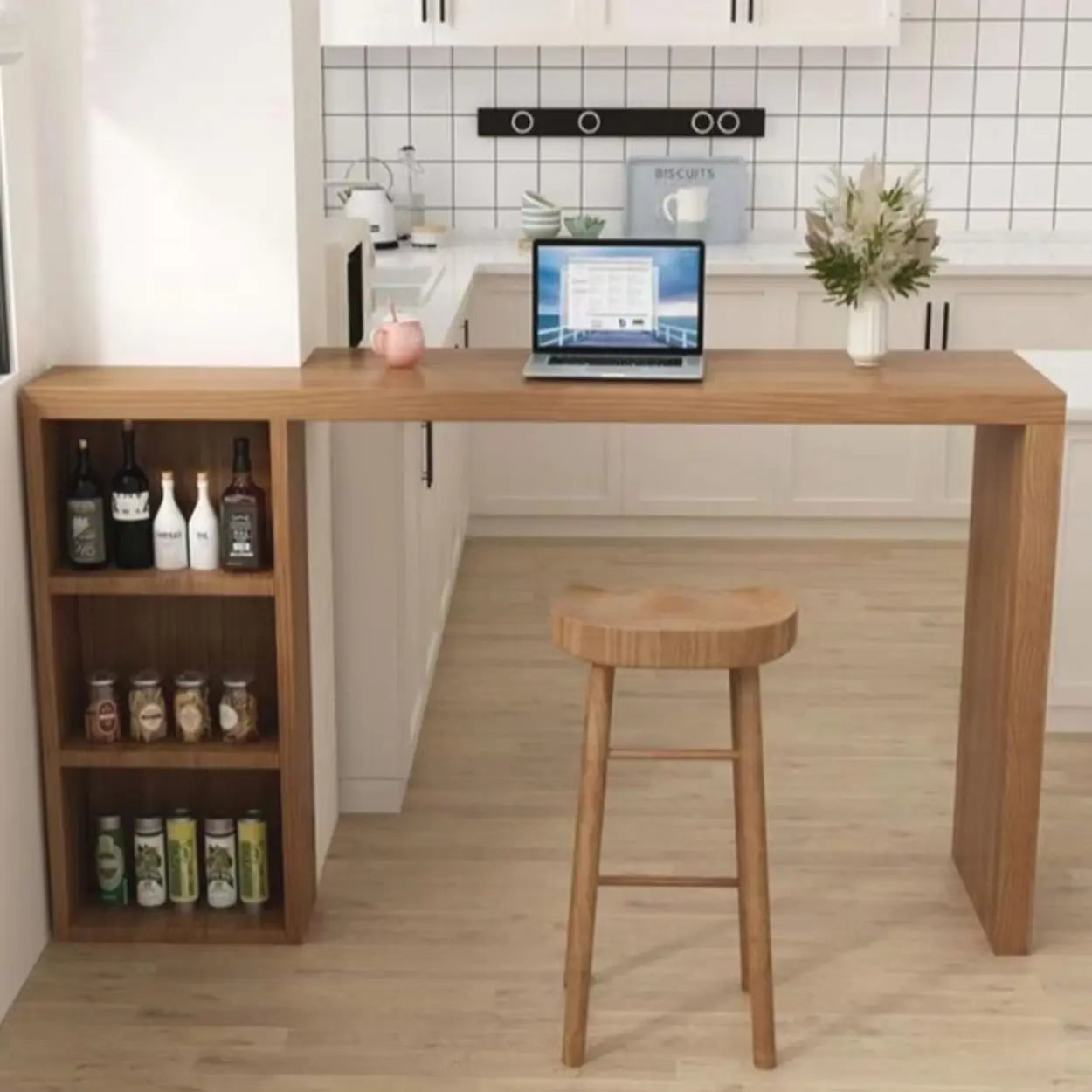Modern Wood Breakfast Bar Table with Shelves