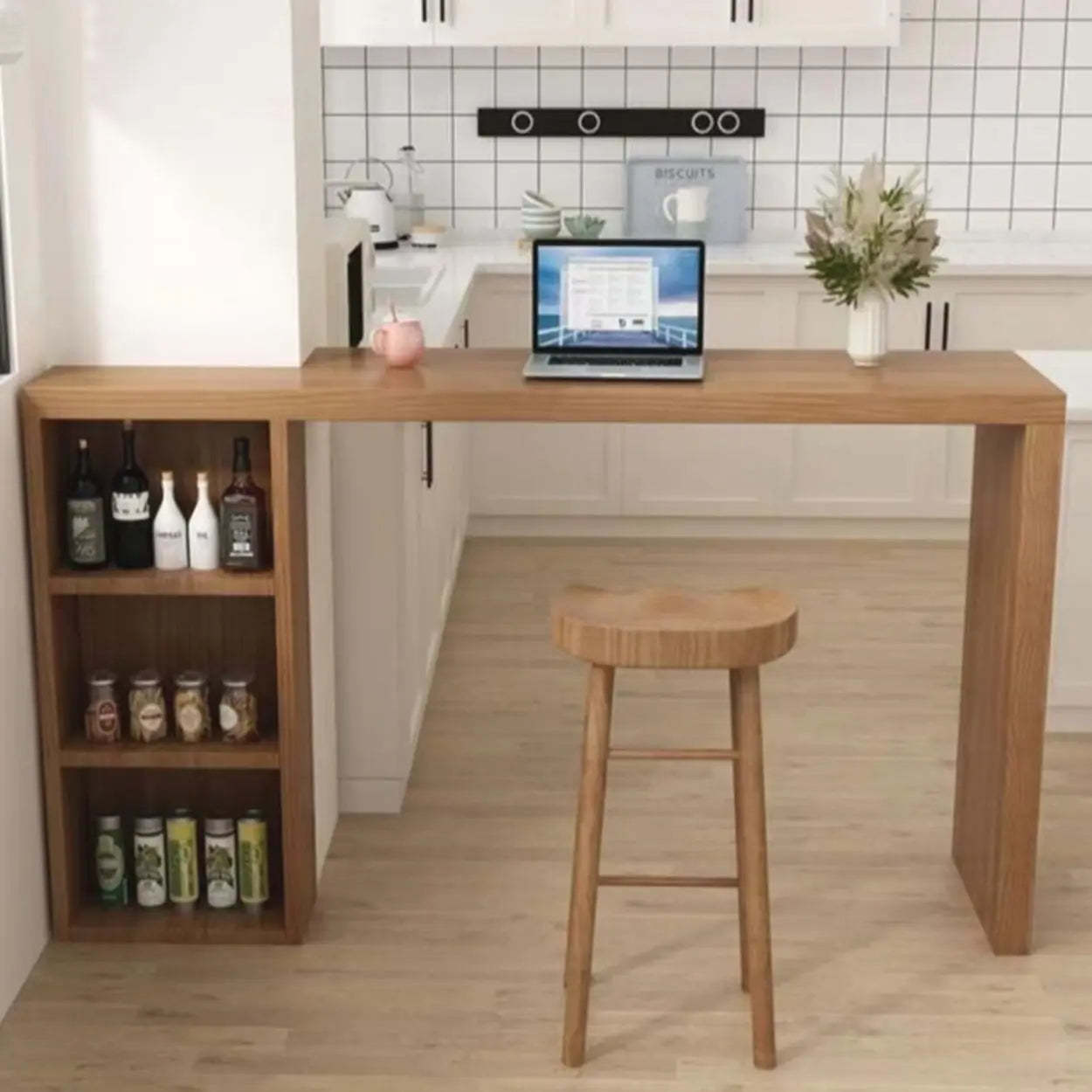Modern Wood Breakfast Bar Table with Shelves — Table Only