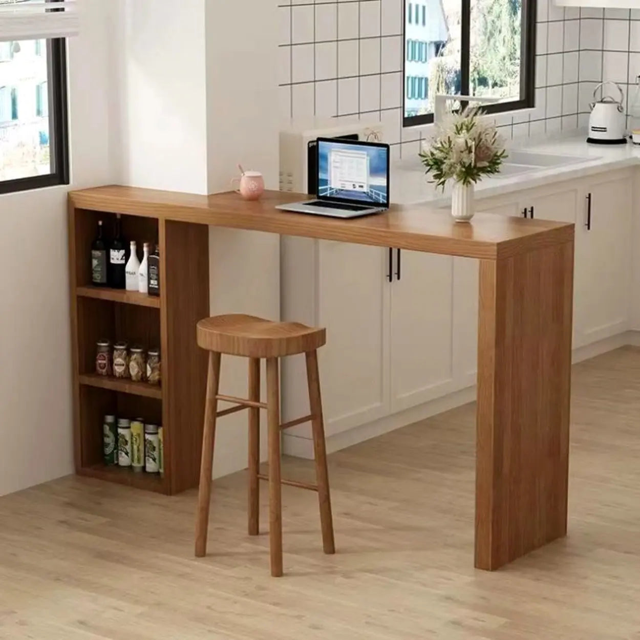 Modern Wood Breakfast Bar Table with Shelves — Table Only