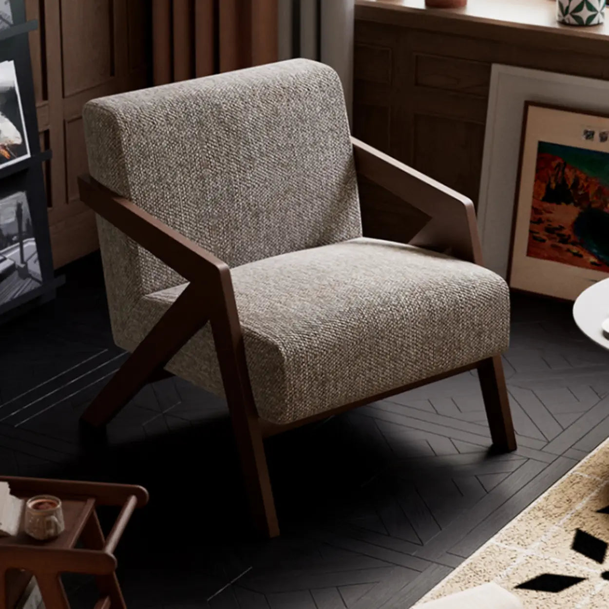 Modern Wood Frame Brown Accent Chair with Arms