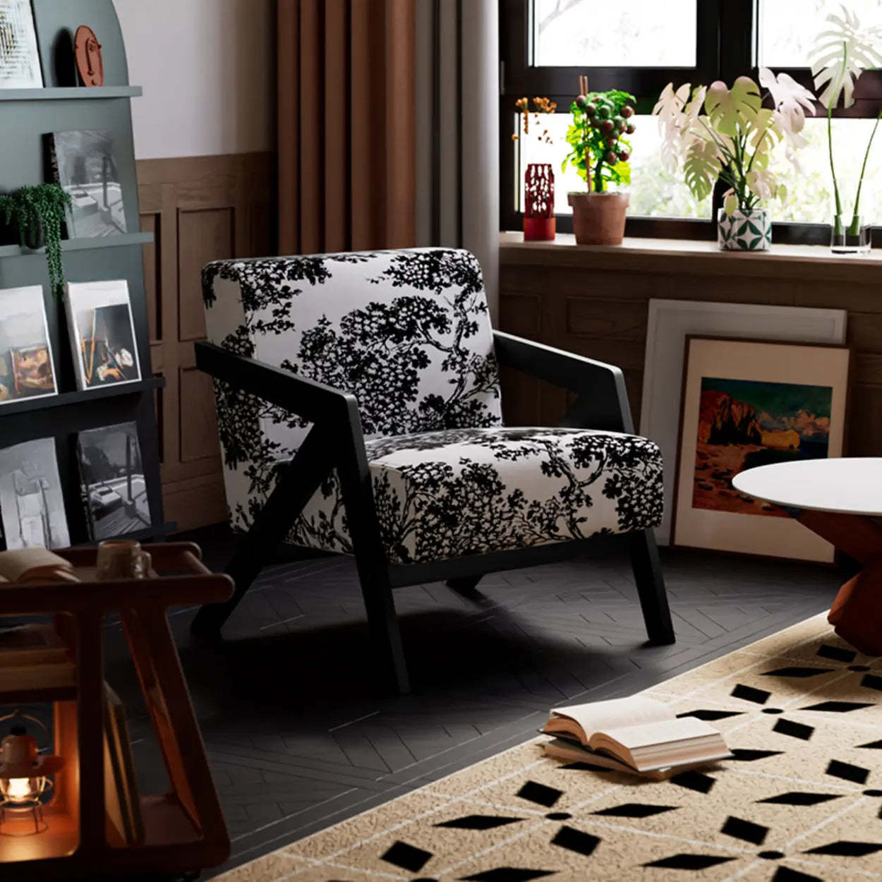 Modern Wood Frame Brown Accent Chair with Arms