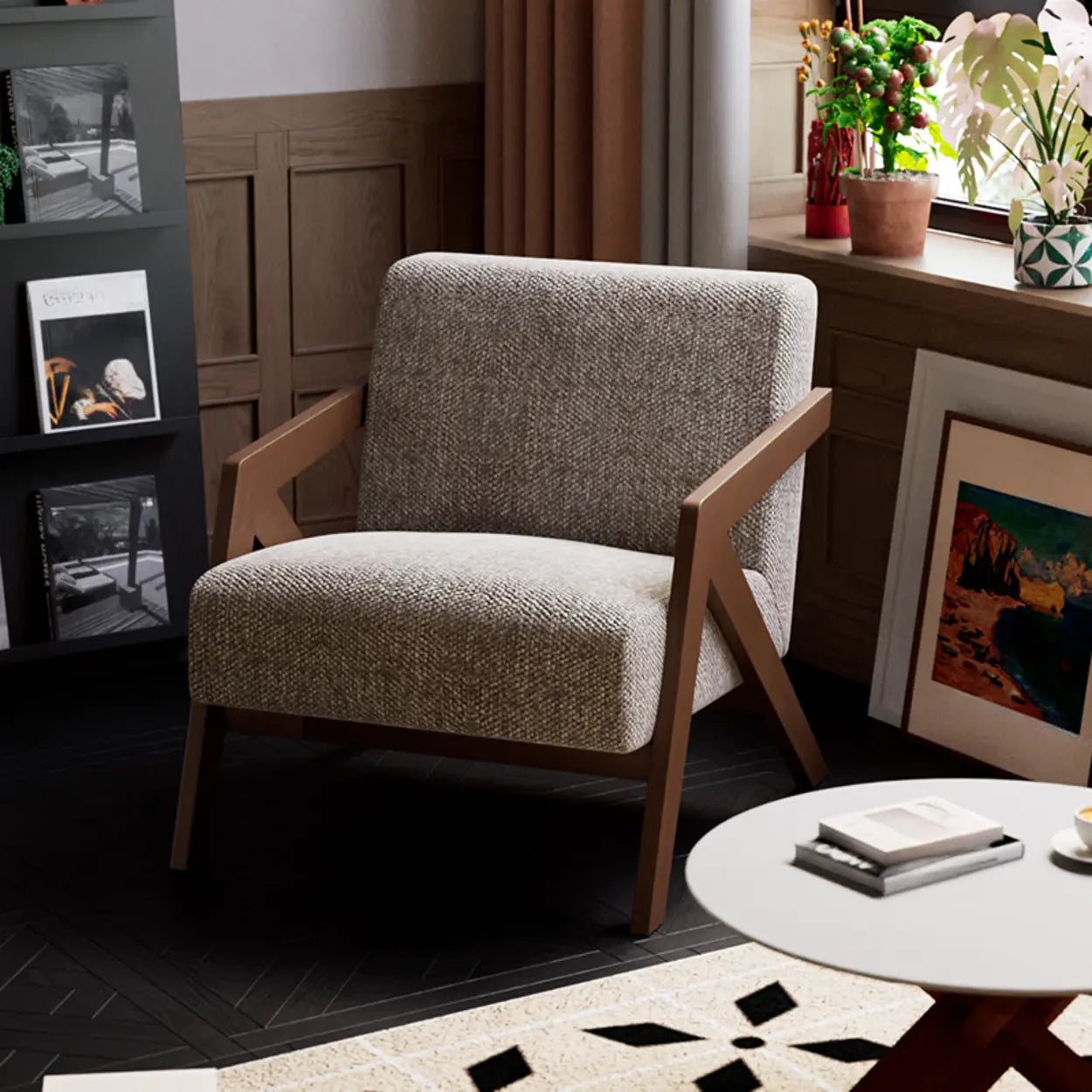 Modern Wood Frame Brown Accent Chair with Arms — Black / Jacquard Fabric / Black White