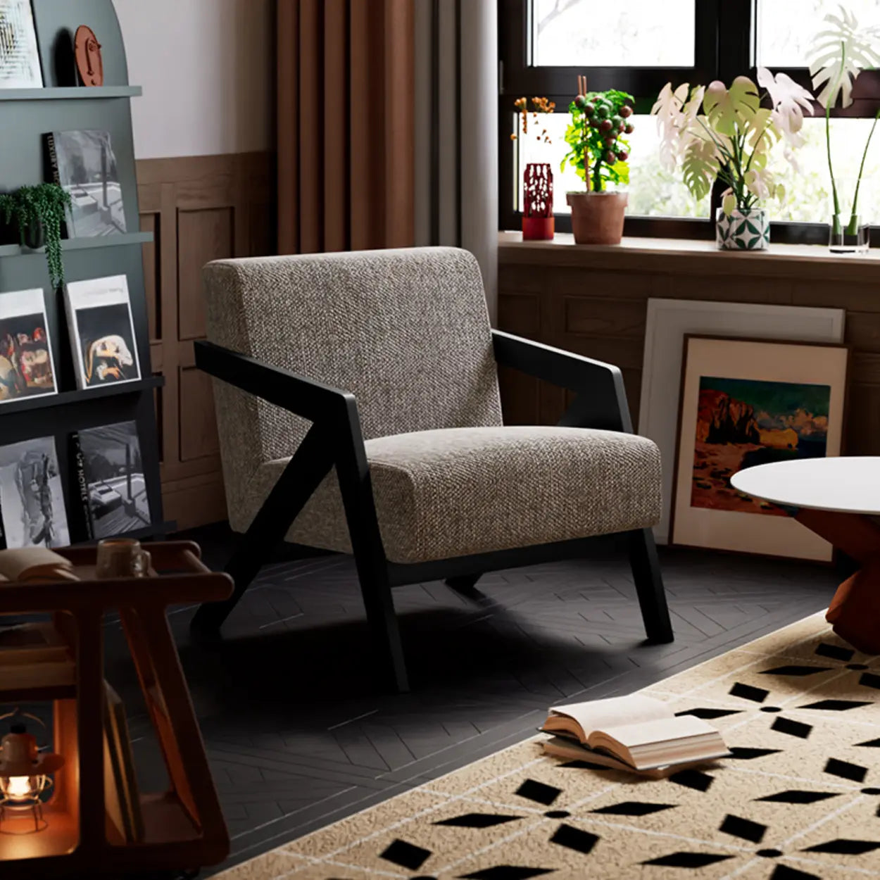 Modern Wood Frame Brown Accent Chair with Arms — Black / Jacquard Fabric / White/ Black
