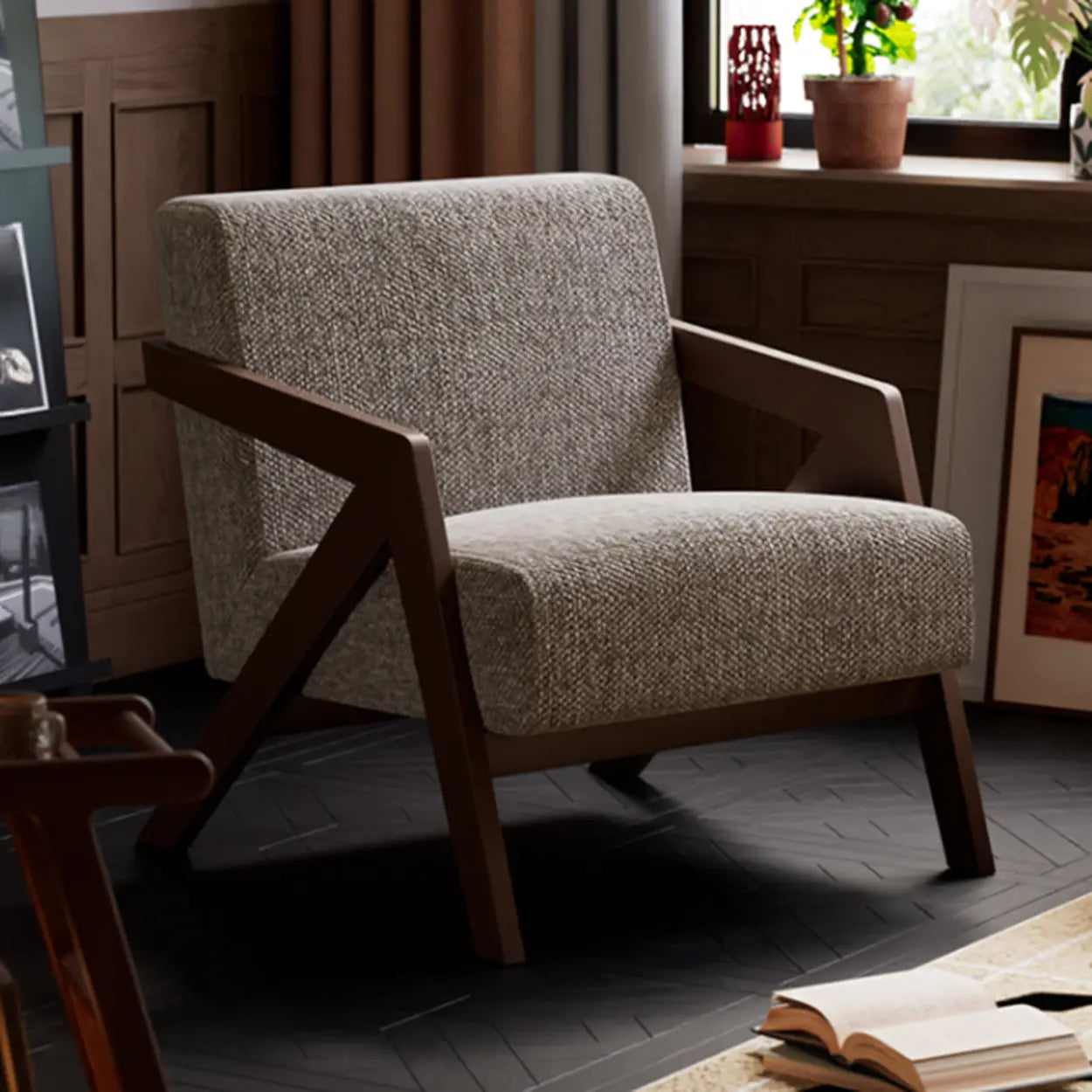 Modern Wood Frame Brown Accent Chair with Arms — Brown / Cotton and Linen / Brown