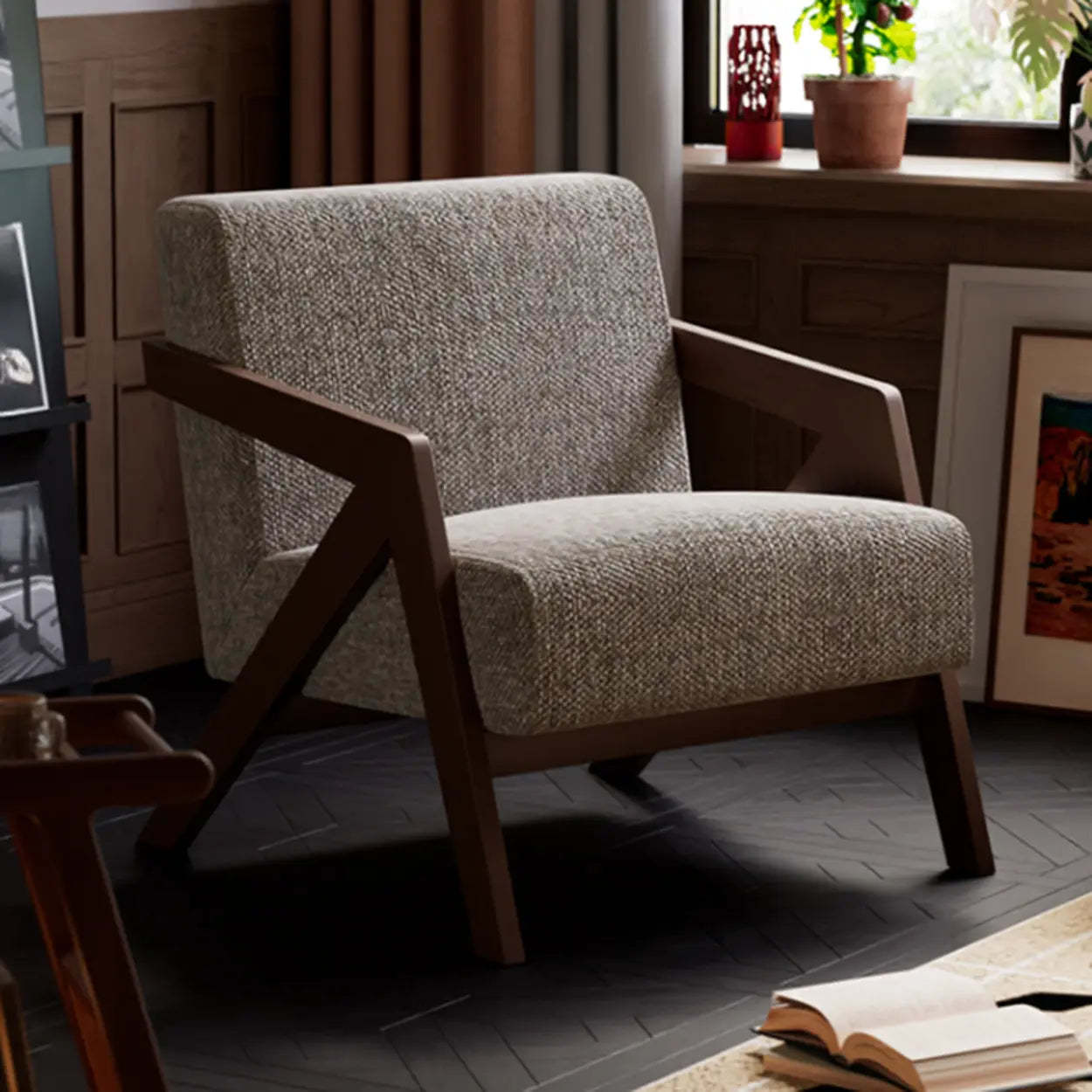 Modern Wood Frame Brown Accent Chair with Arms — Brown / Cotton and Linen / Brown