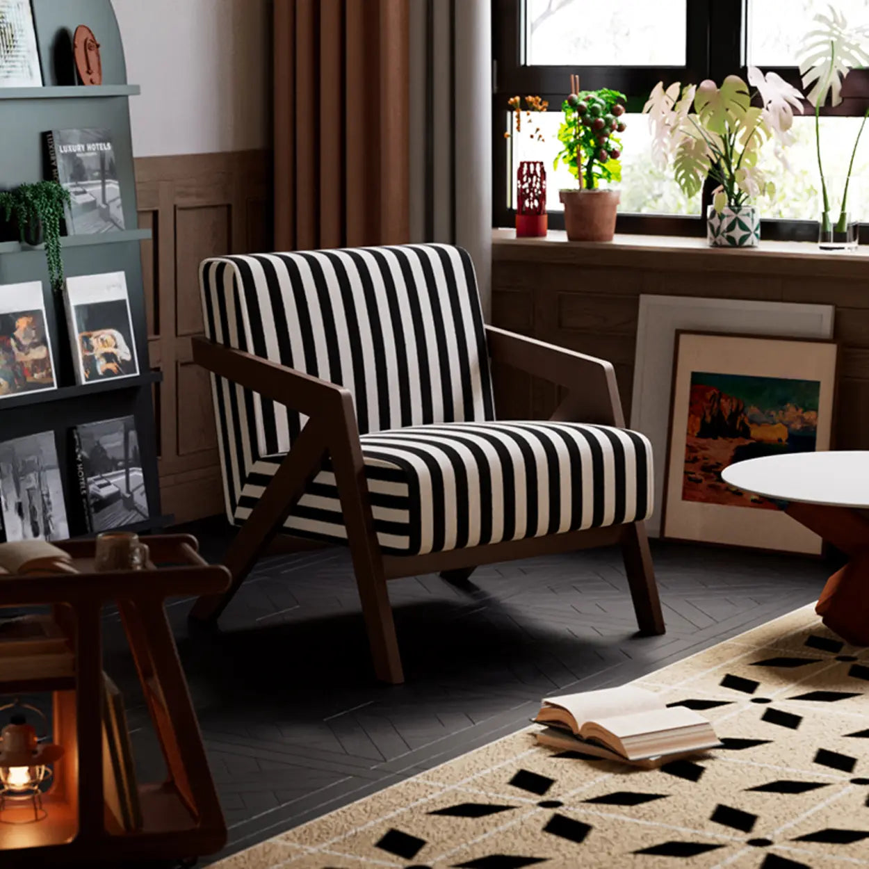 Modern Wood Frame Brown Accent Chair with Arms — Brown / Jacquard Fabric / Black White