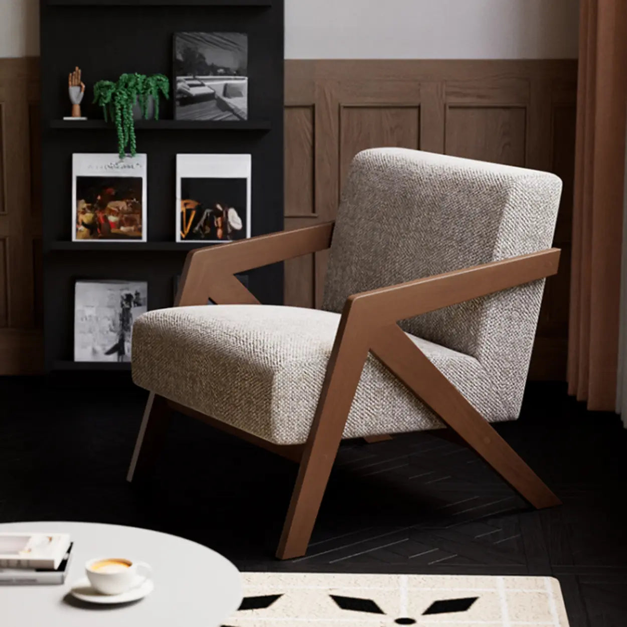 Modern Wood Frame Brown Accent Chair with Arms — Brown / Jacquard Fabric / White/ Black