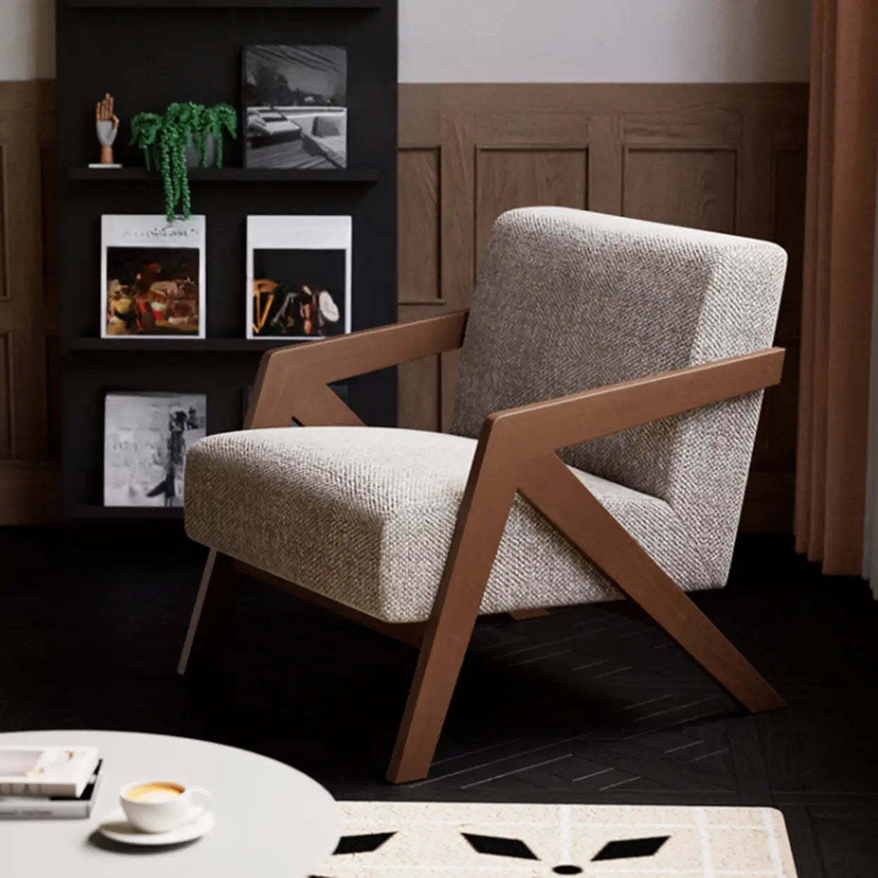 Modern Wood Frame Brown Accent Chair with Arms — Brown / Jacquard Fabric / White/ Black