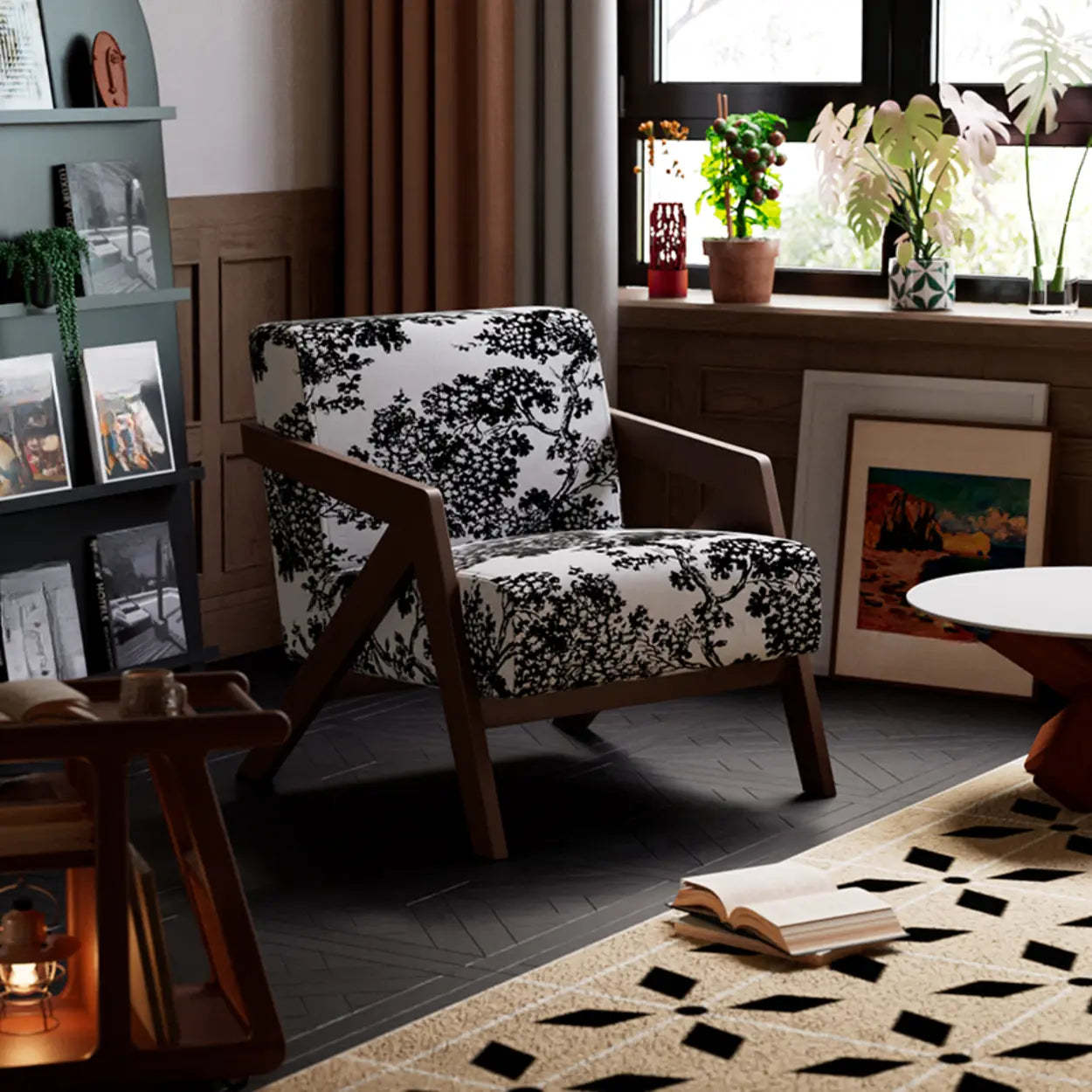 Modern Wood Frame Brown Accent Chair with Arms — Wood Color / Sherpa / Beige