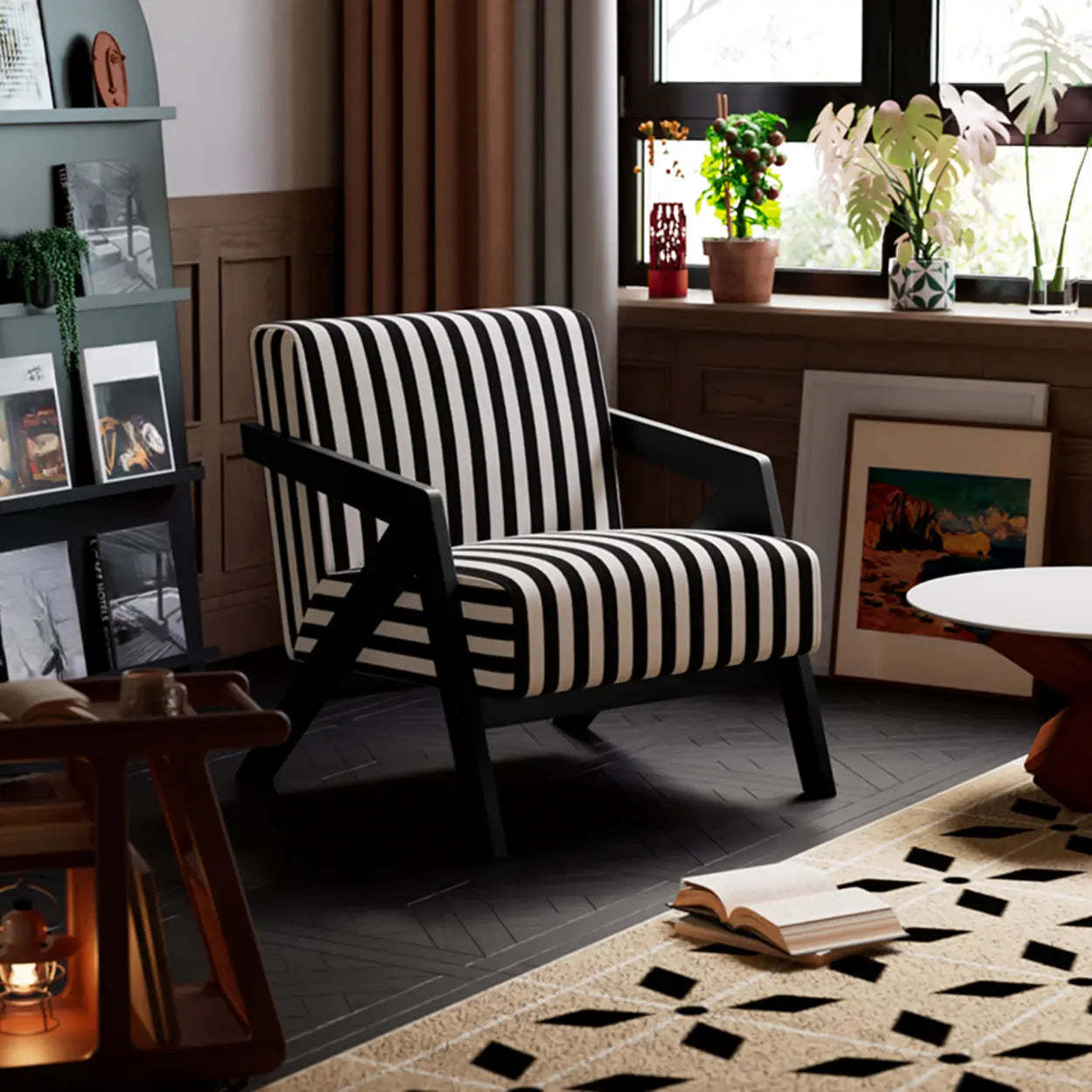 Modern Wood Frame Brown Accent Chair with Arms