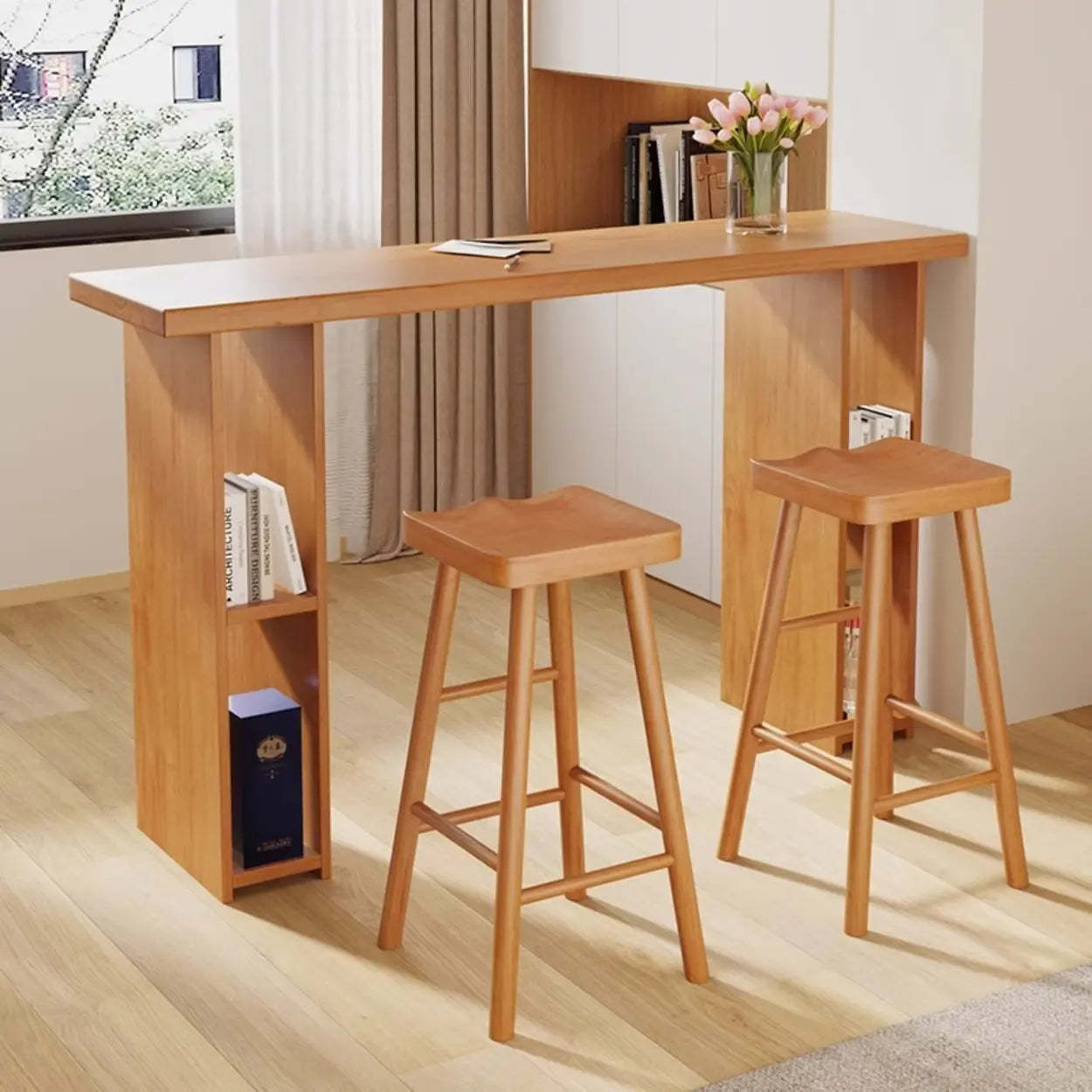 Modern Wood Home Bar Table with Shelves — Table Only