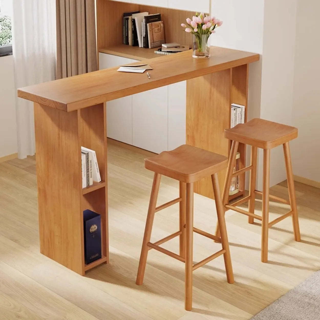 Modern Wood Home Bar Table with Shelves — Table Only