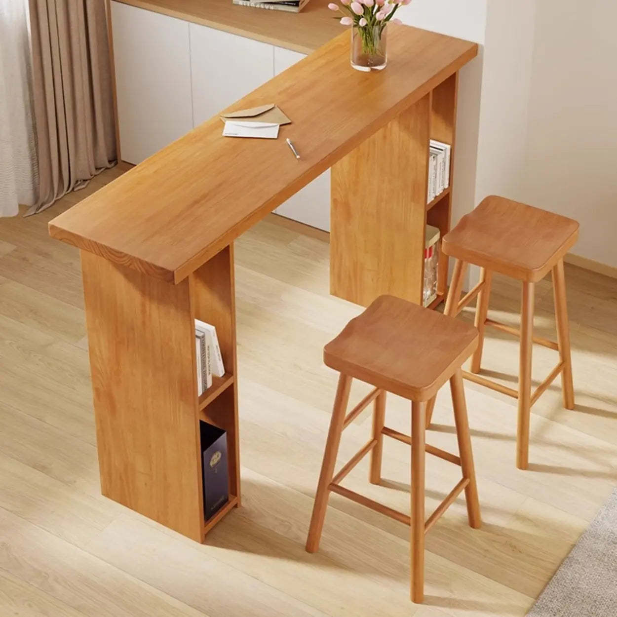 Modern Wood Home Bar Table with Shelves — Table Only