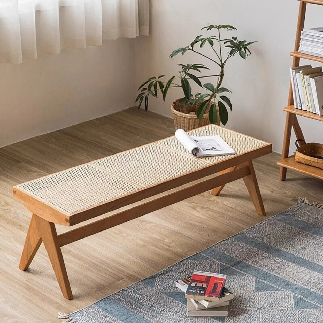 Modern Wooden Woven Entryway Bench