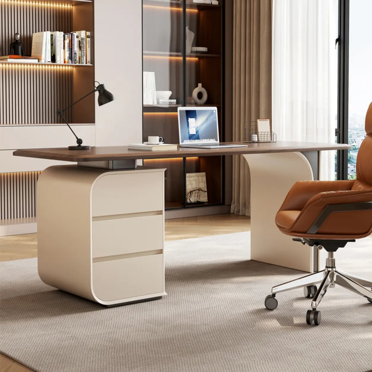 Beige-Brown Wood Rectangular Computer Desk with Drawers — Without Chairs