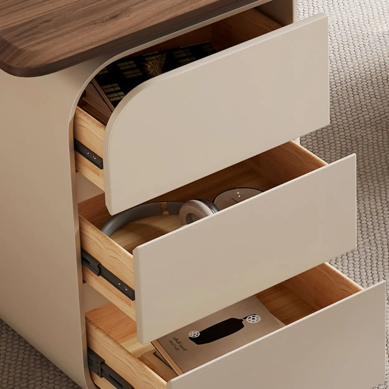 Beige-Brown Wood Rectangular Computer Desk with Drawers