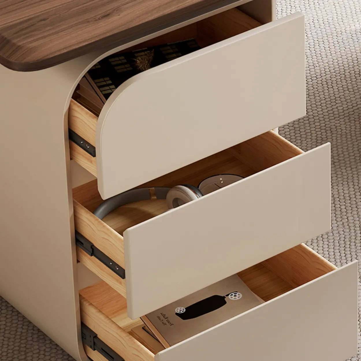 Beige-Brown Wood Rectangular Computer Desk with Drawers