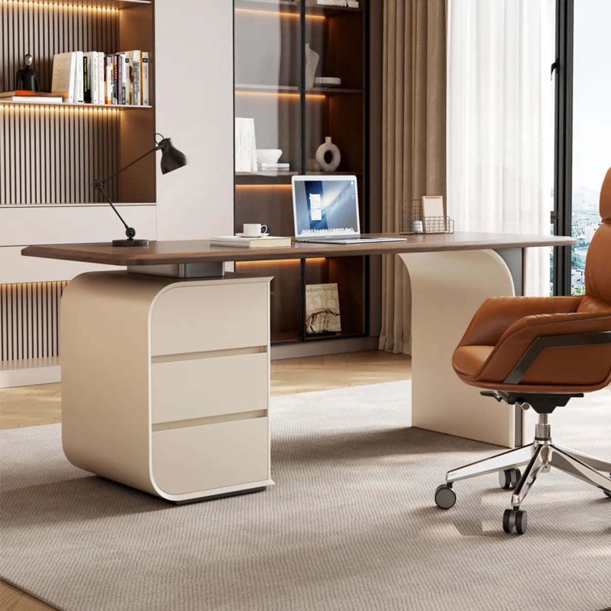 Beige-Brown Wood Rectangular Computer Desk with Drawers — Without Chairs