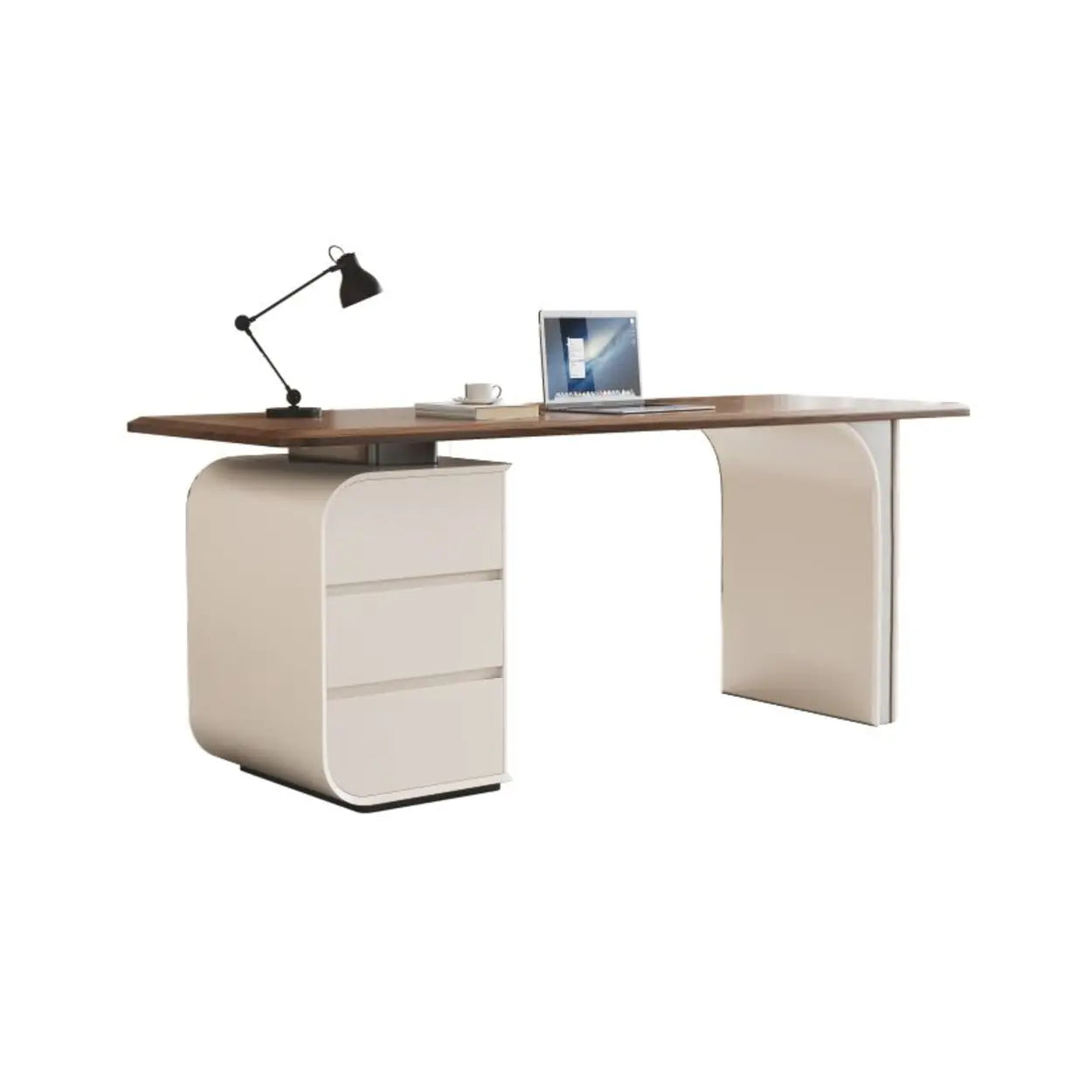 Beige-Brown Wood Rectangular Computer Desk with Drawers — Without Chairs