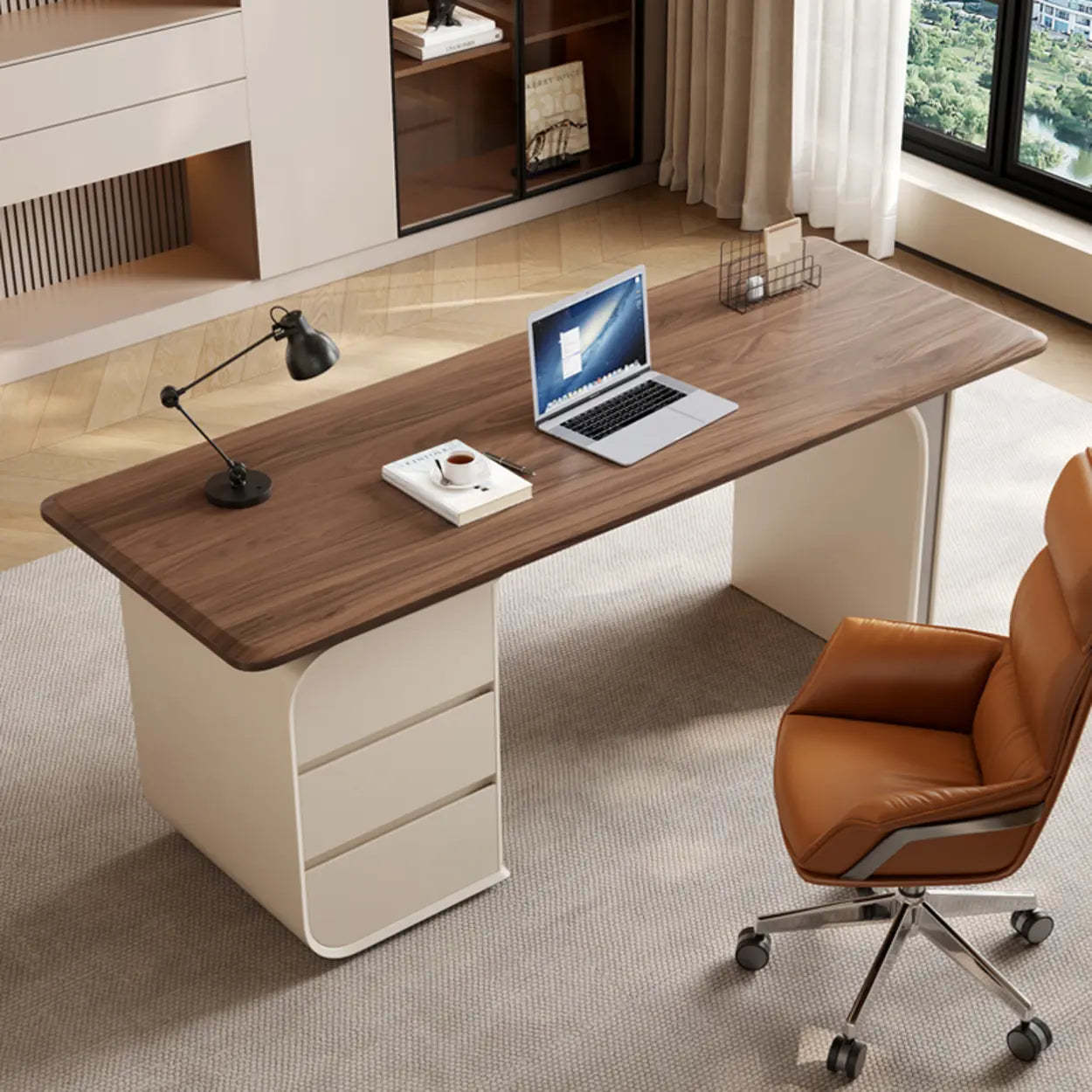 Beige-Brown Wood Rectangular Computer Desk with Drawers — Without Chairs