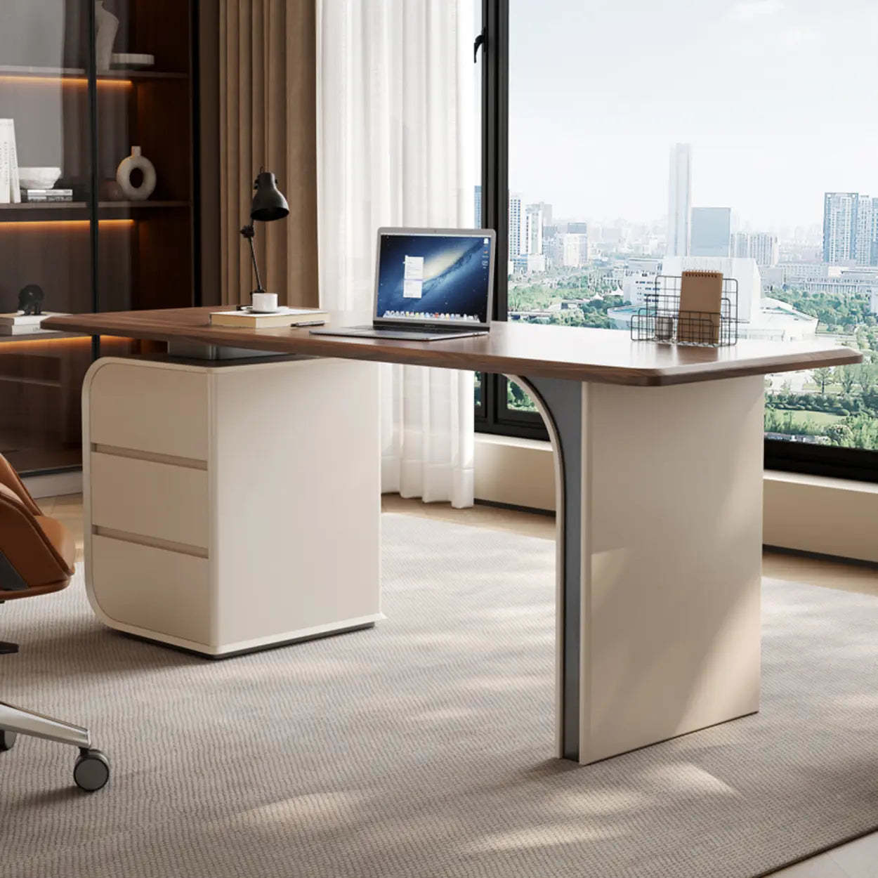Beige-Brown Wood Rectangular Computer Desk with Drawers — Without Chairs