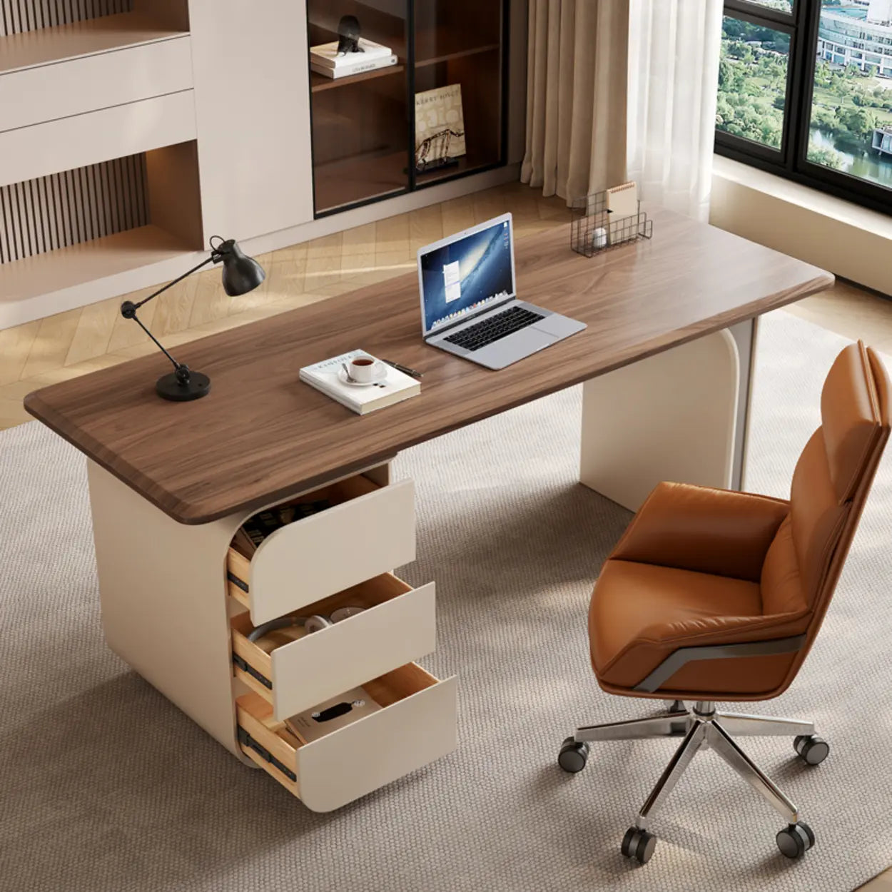 Beige-Brown Wood Rectangular Computer Desk with Drawers — Without Chairs