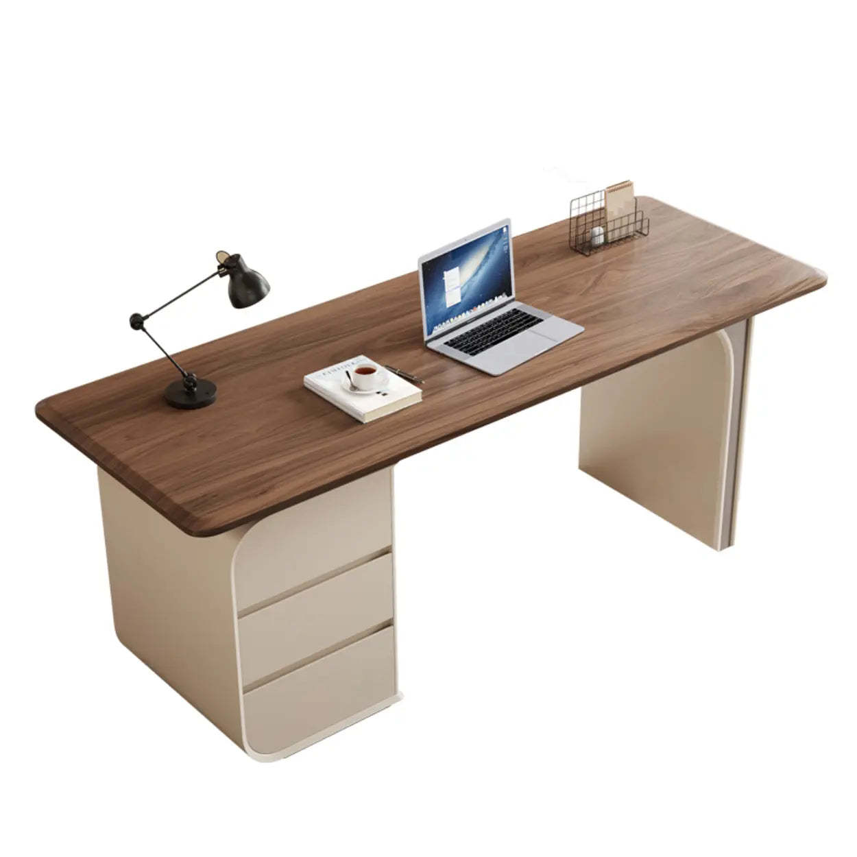 Beige-Brown Wood Rectangular Computer Desk with Drawers