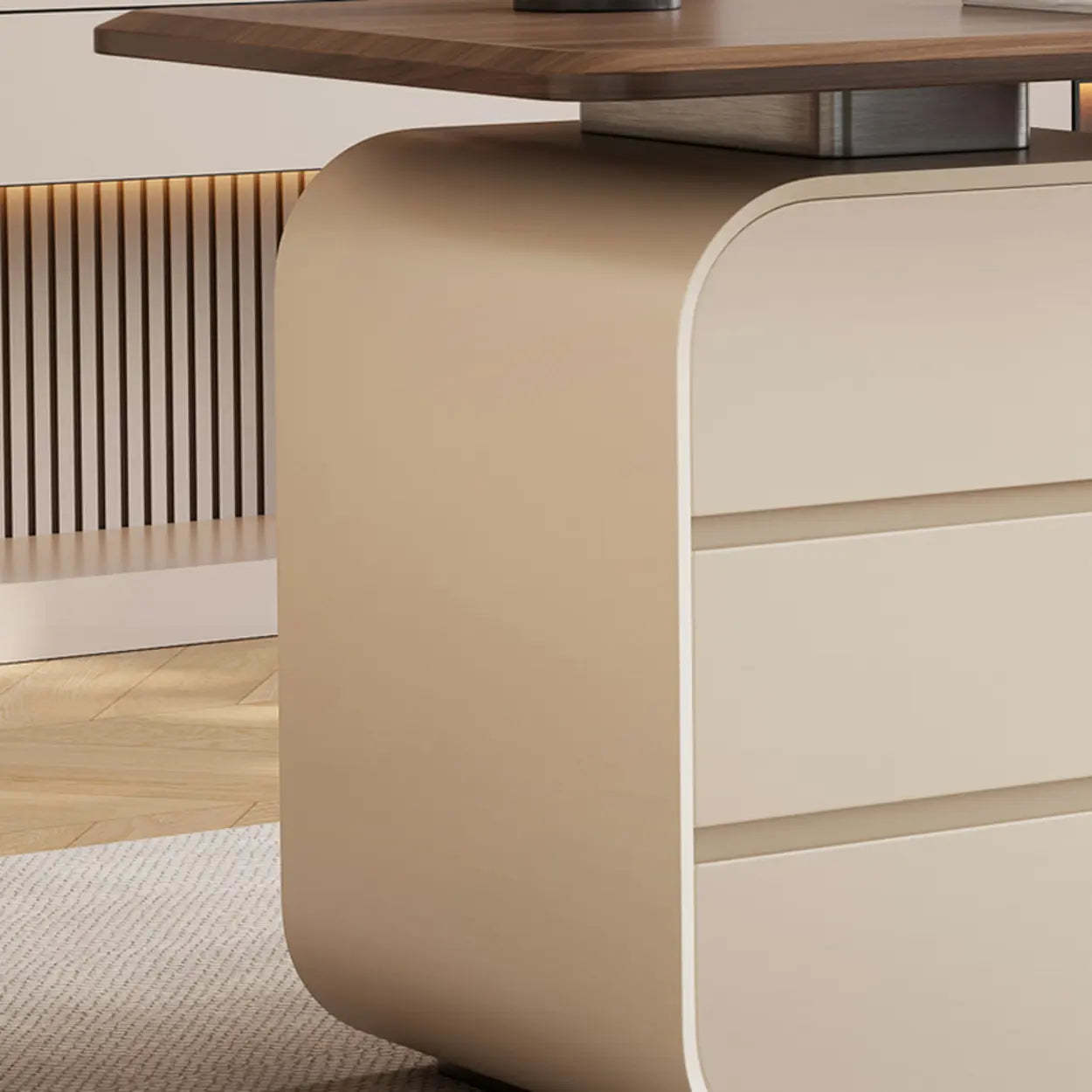 Beige-Brown Wood Rectangular Computer Desk with Drawers