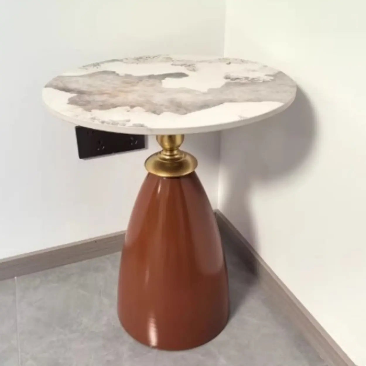 Brown Round Stone Iron-Base Tall Coffee Table — Brown